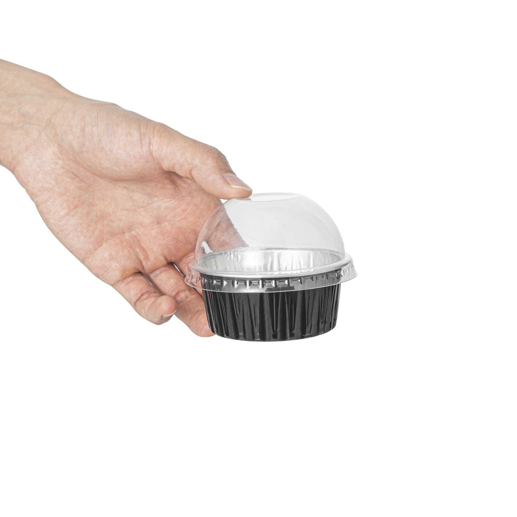 Pastry Tek 4 oz Round Black Aluminum Baking Cup - with Plastic Dome Lid - 3 1/4" x 3 1/4" x 1 1/2" - 100 count box