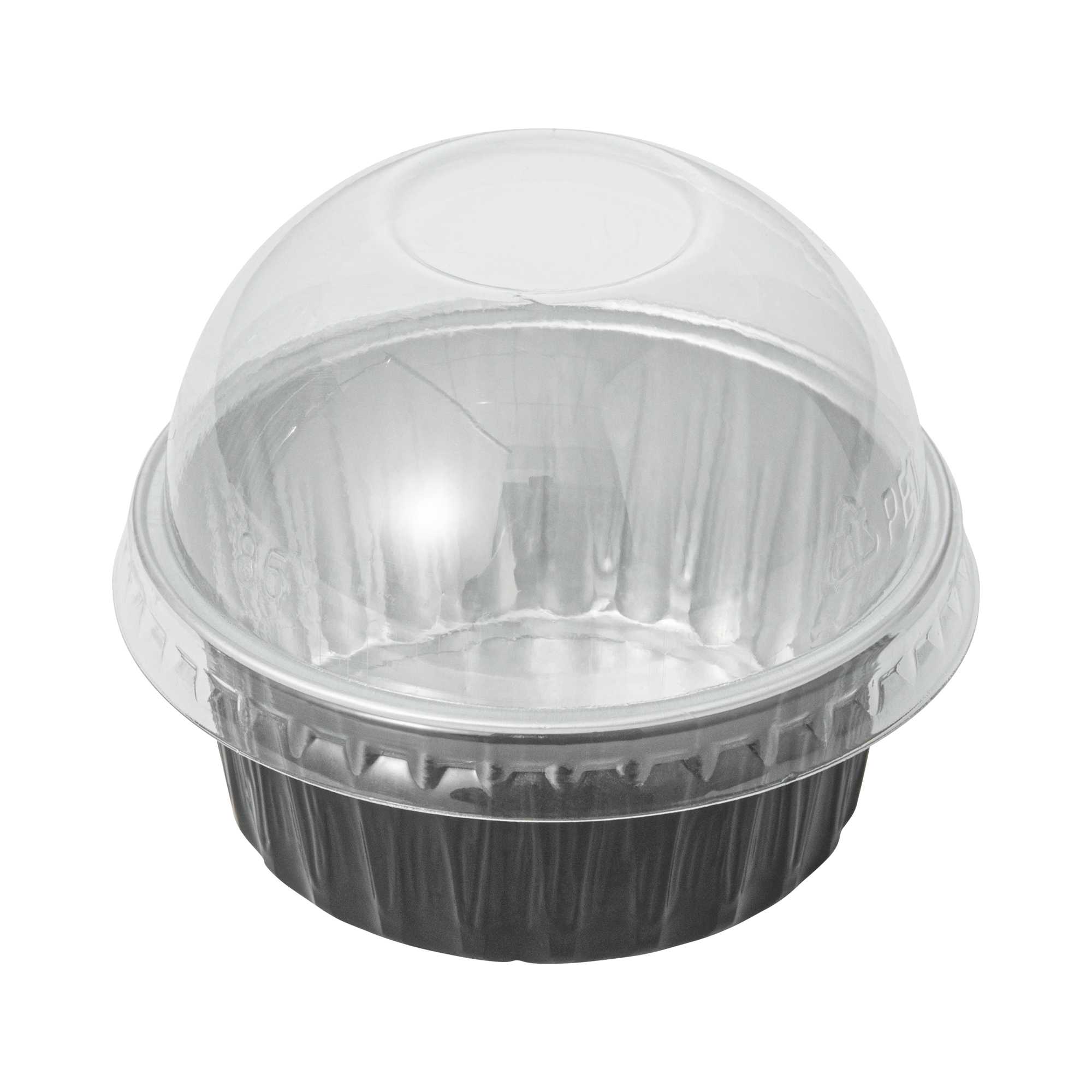 Pastry Tek 4 oz Round Black Aluminum Baking Cup - with Plastic Dome Lid - 3 1/4" x 3 1/4" x 1 1/2" - 100 count box
