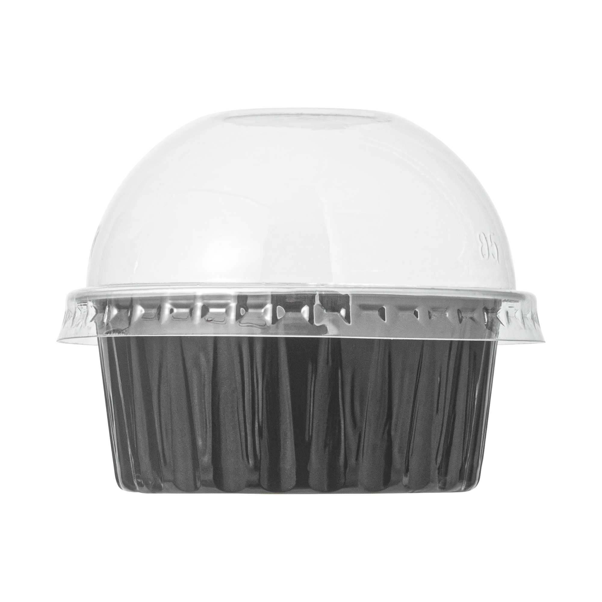 Pastry Tek 4 oz Round Black Aluminum Baking Cup - with Plastic Dome Lid - 3 1/4" x 3 1/4" x 1 1/2" - 100 count box
