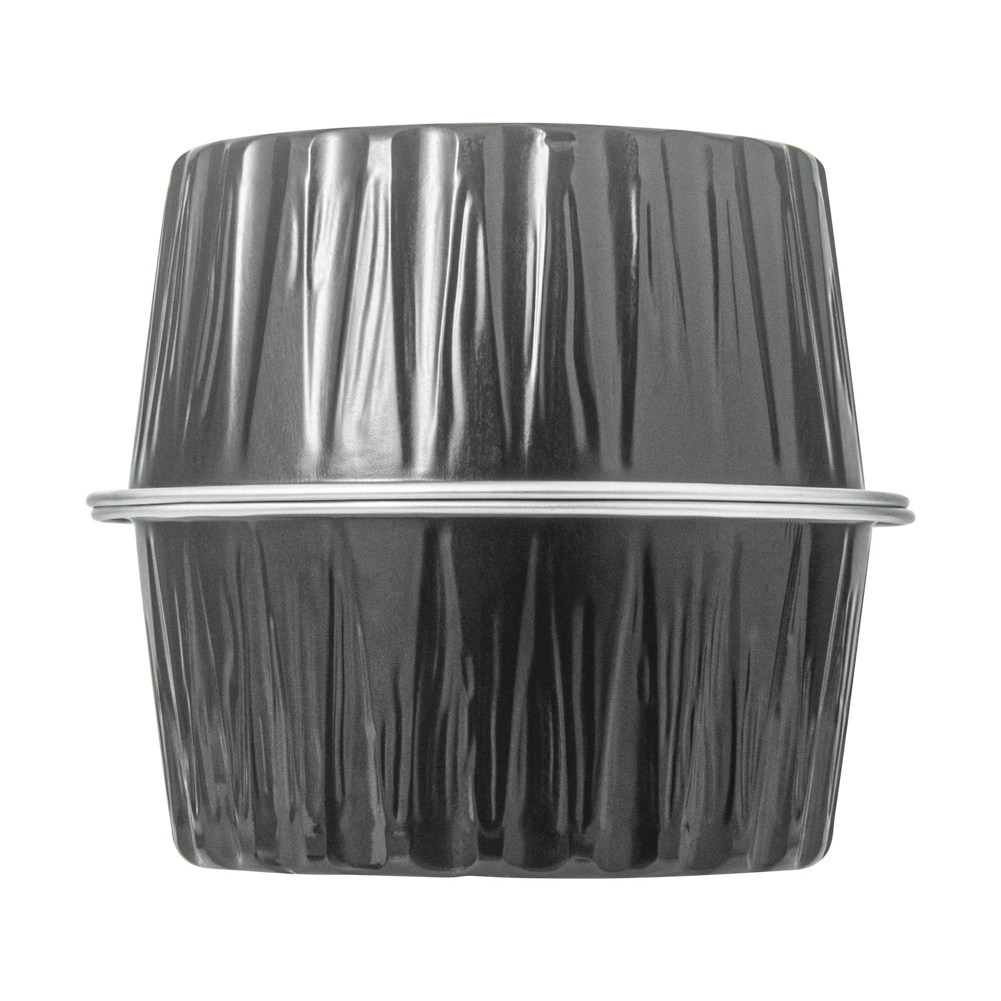 Pastry Tek 4 oz Round Black Aluminum Baking Cup - with Plastic Dome Lid - 3 1/4" x 3 1/4" x 1 1/2" - 100 count box