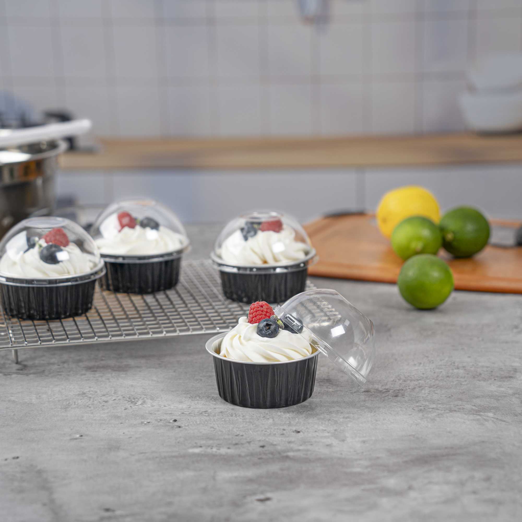 Pastry Tek 4 oz Round Black Aluminum Baking Cup - with Plastic Dome Lid - 3 1/4" x 3 1/4" x 1 1/2" - 100 count box