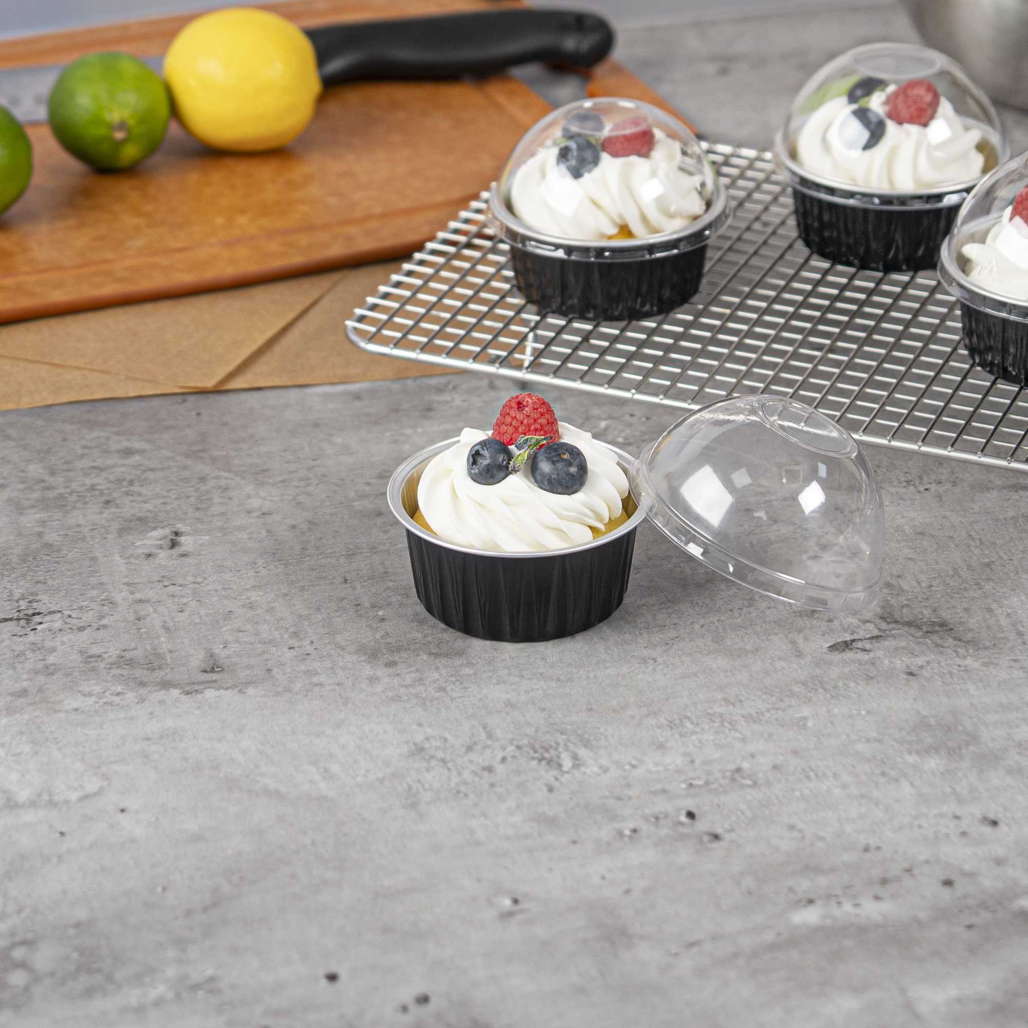 Pastry Tek 4 oz Round Black Aluminum Baking Cup - with Plastic Dome Lid - 3 1/4" x 3 1/4" x 1 1/2" - 100 count box