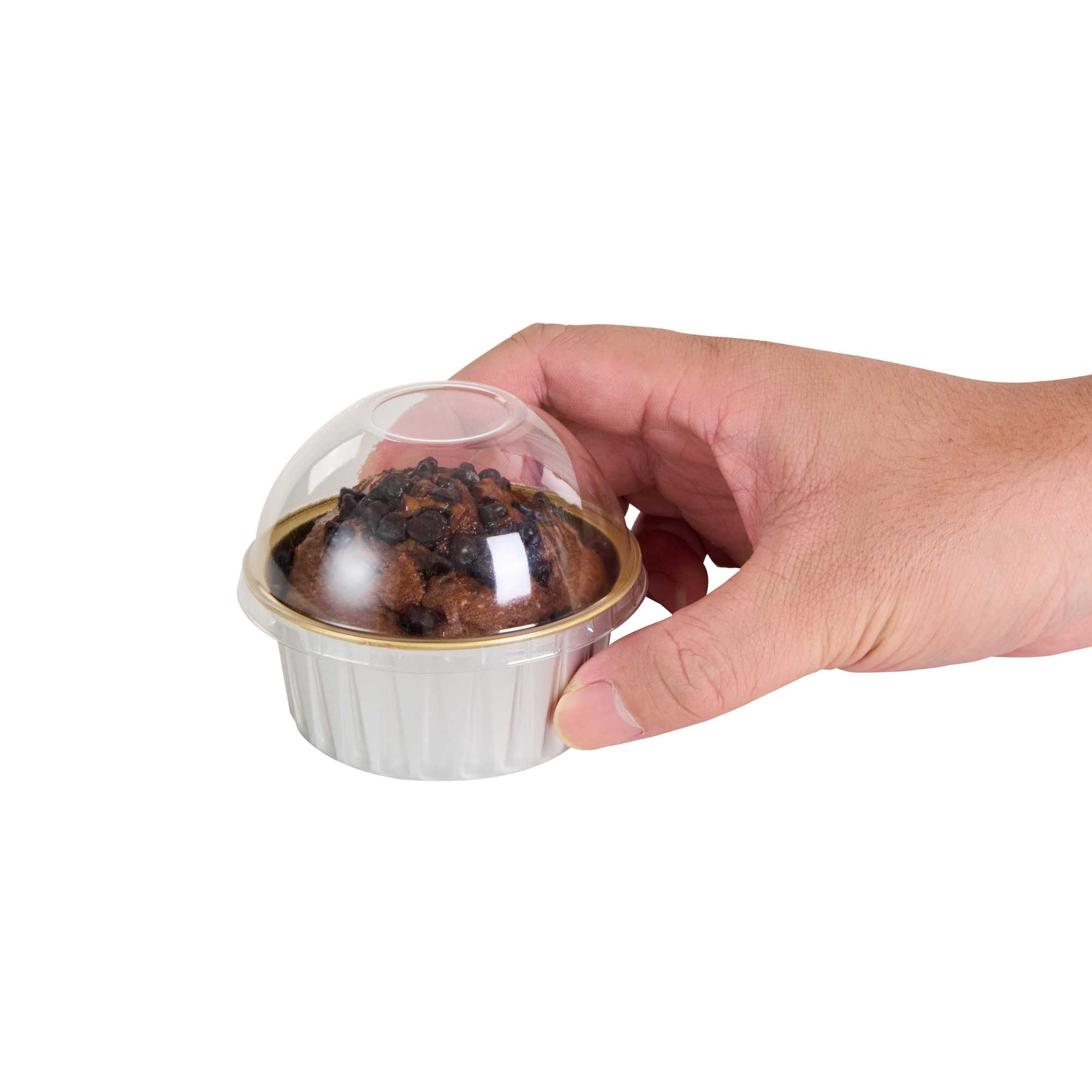 Pastry Tek 4 oz Round Silver Aluminum Baking Cup - Inner Gold, with Plastic Dome Lid - 3 1/4" x 3 1/4" x 1 1/2" - 100 count box