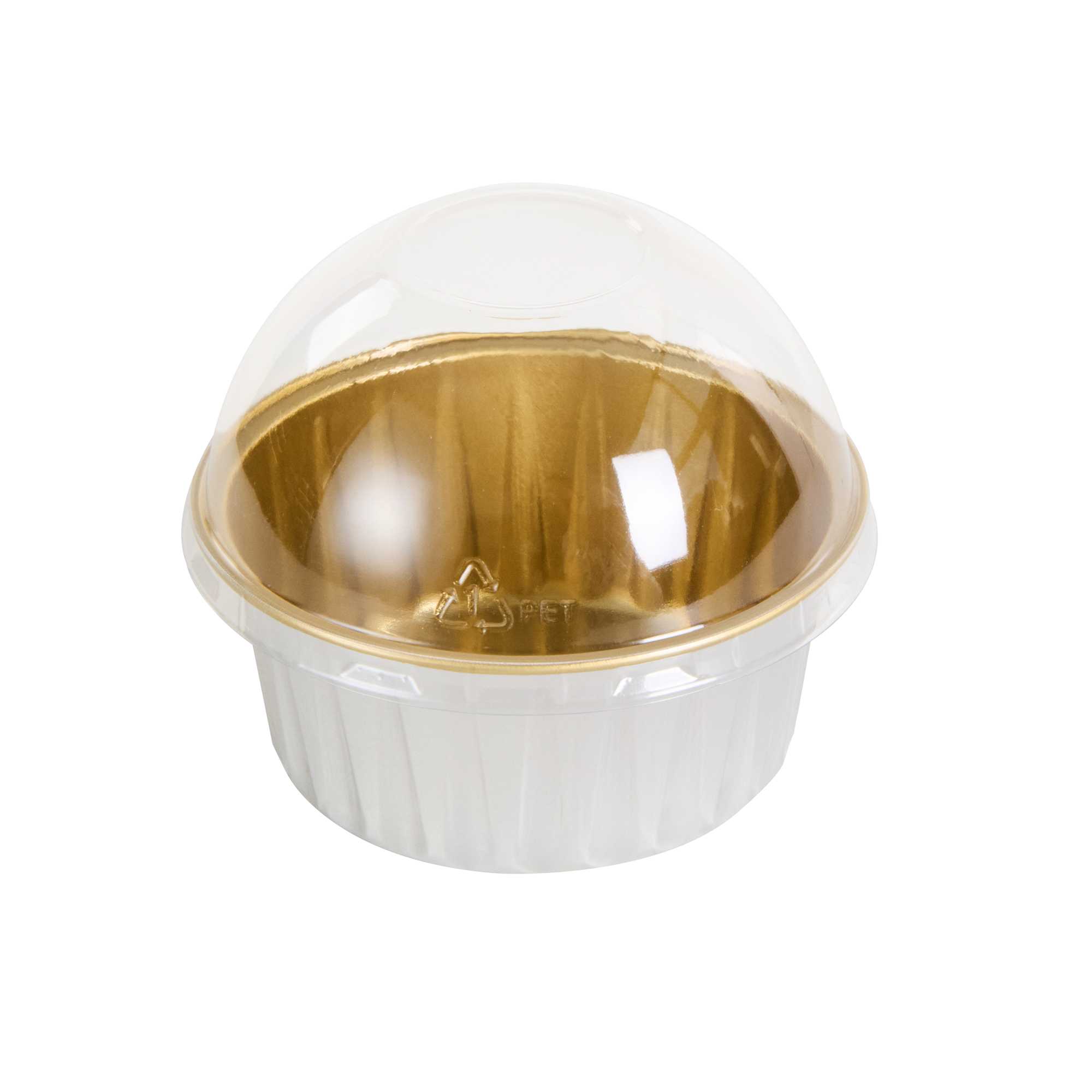 Pastry Tek 4 oz Round Silver Aluminum Baking Cup - Inner Gold, with Plastic Dome Lid - 3 1/4" x 3 1/4" x 1 1/2" - 100 count box