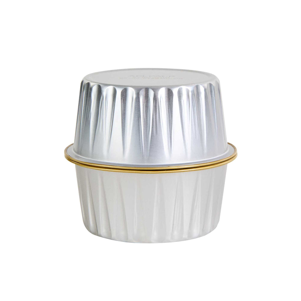 Pastry Tek 4 oz Round Silver Aluminum Baking Cup - Inner Gold, with Plastic Dome Lid - 3 1/4" x 3 1/4" x 1 1/2" - 100 count box