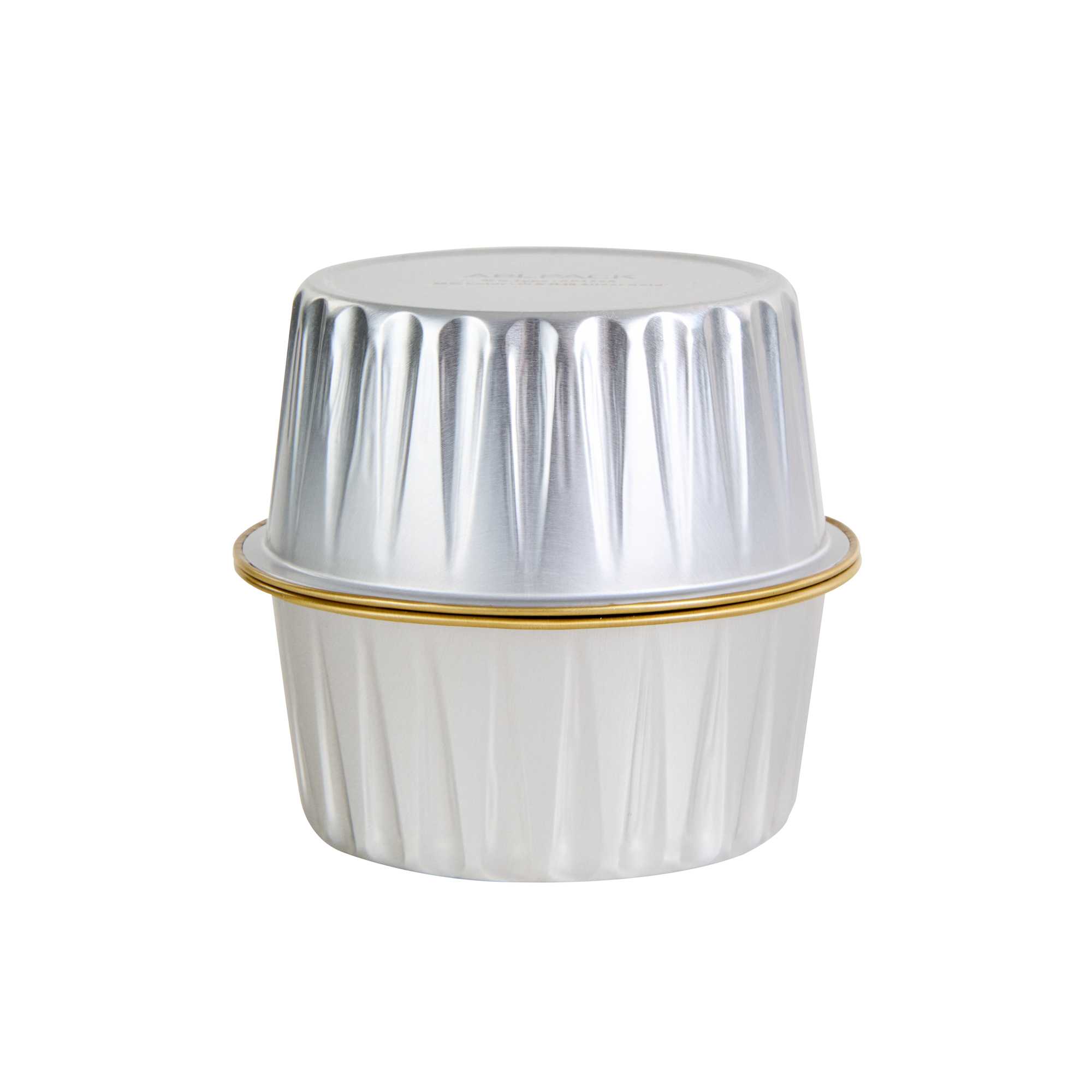 Pastry Tek 4 oz Round Silver Aluminum Baking Cup - Inner Gold, with Plastic Dome Lid - 3 1/4" x 3 1/4" x 1 1/2" - 100 count box