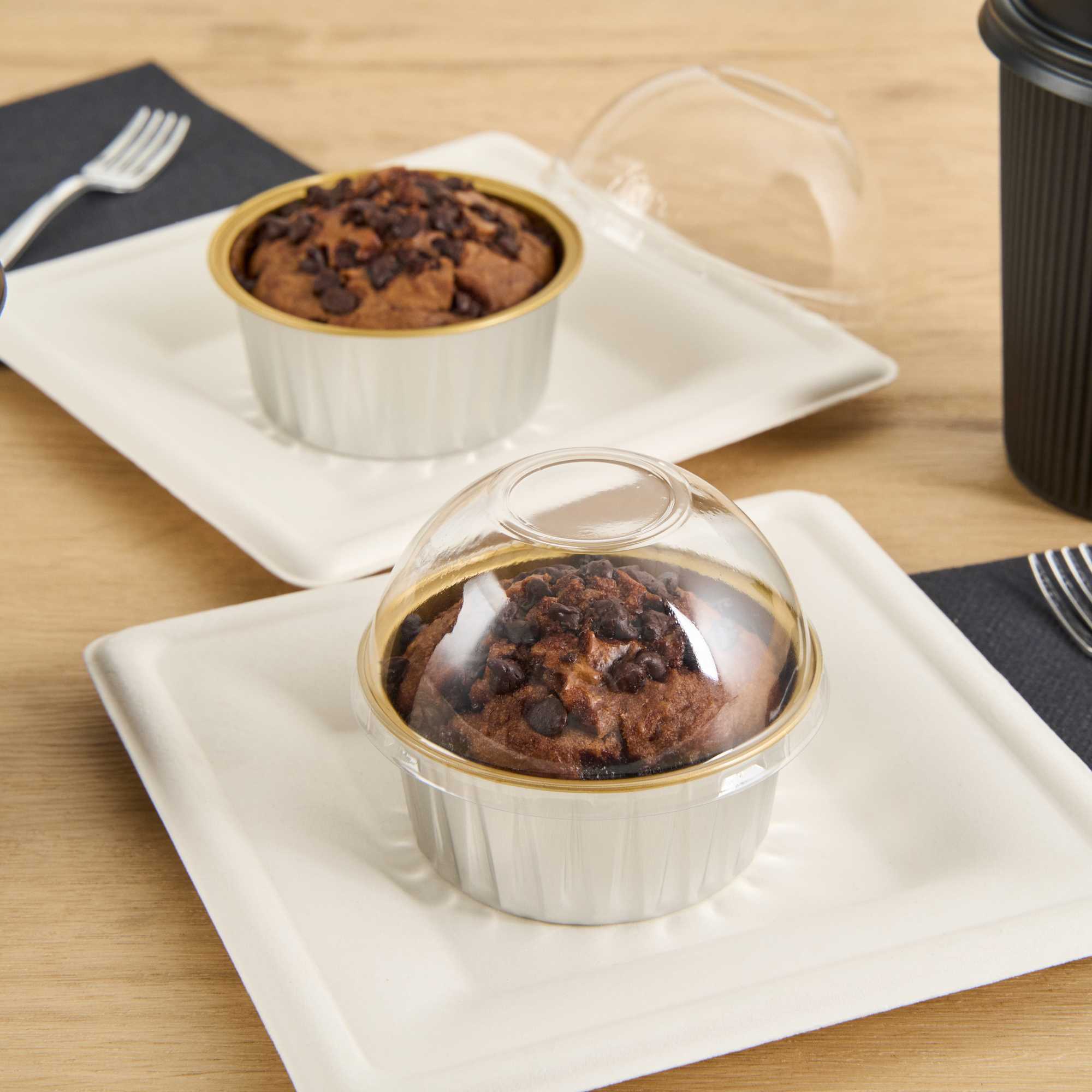 Pastry Tek 4 oz Round Silver Aluminum Baking Cup - Inner Gold, with Plastic Dome Lid - 3 1/4" x 3 1/4" x 1 1/2" - 100 count box