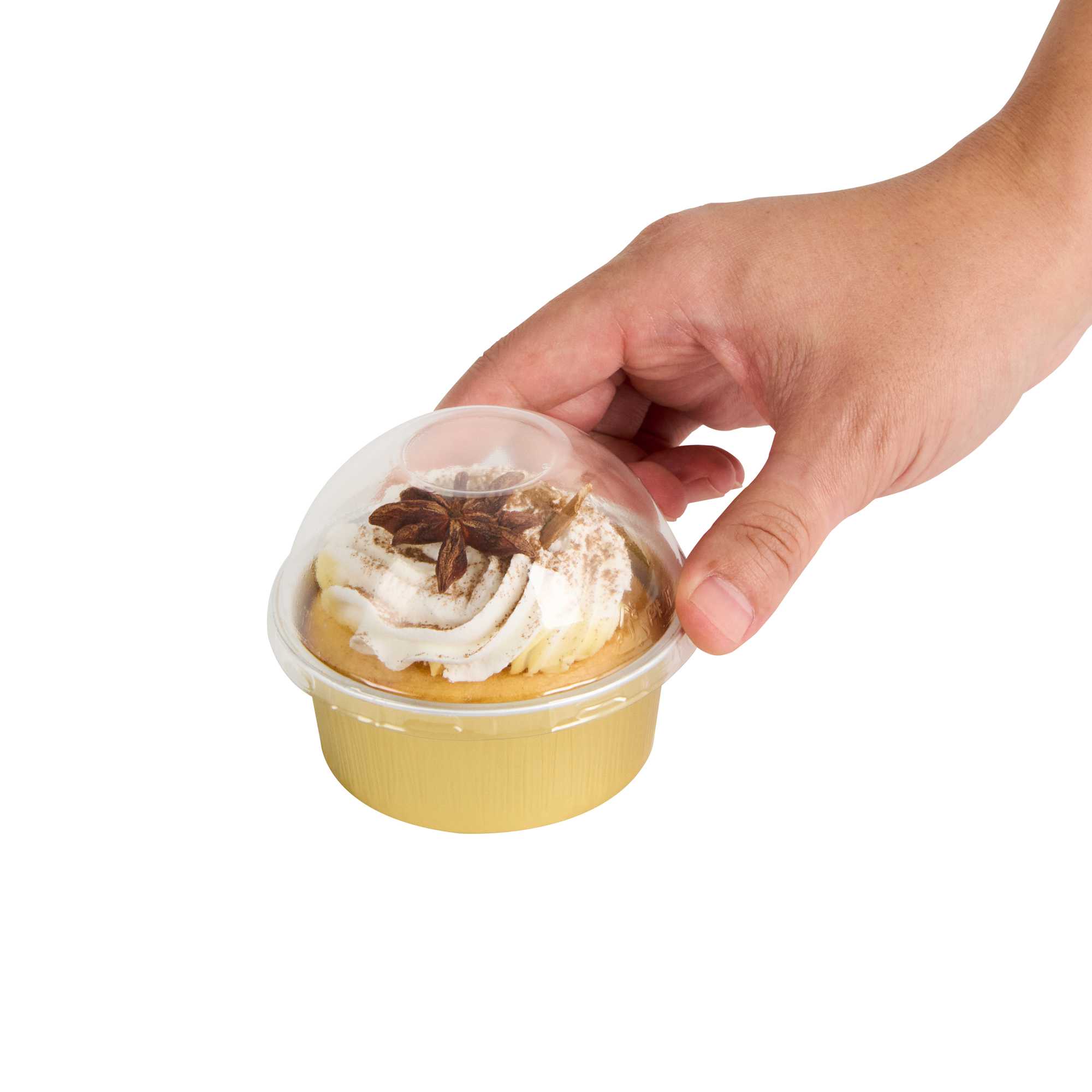 Pastry Tek 4 oz Round Gold Aluminum Baking Cup - with Plastic Dome Lid - 3 1/4" x 3 1/4" x 1 1/2" - 100 count box