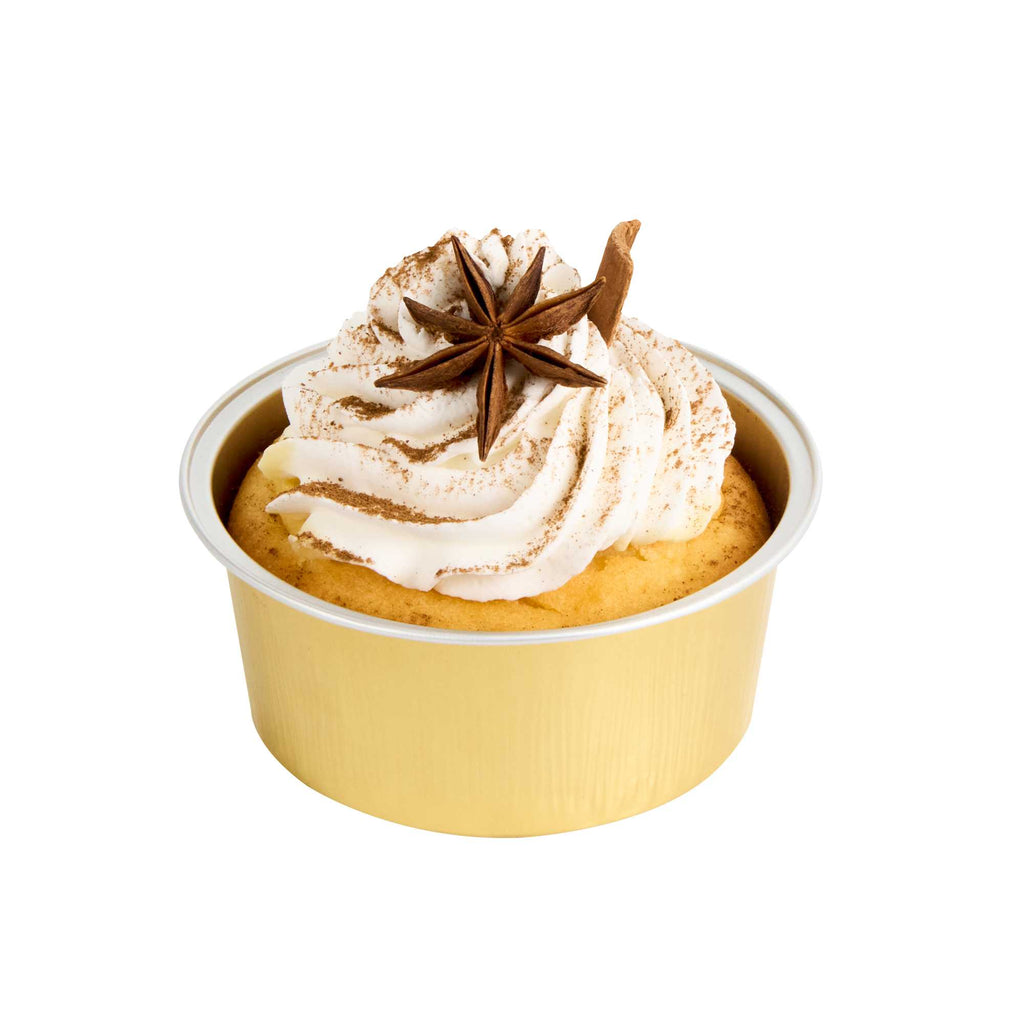 Pastry Tek 4 oz Round Gold Aluminum Baking Cup - with Plastic Dome Lid - 3 1/4" x 3 1/4" x 1 1/2" - 100 count box