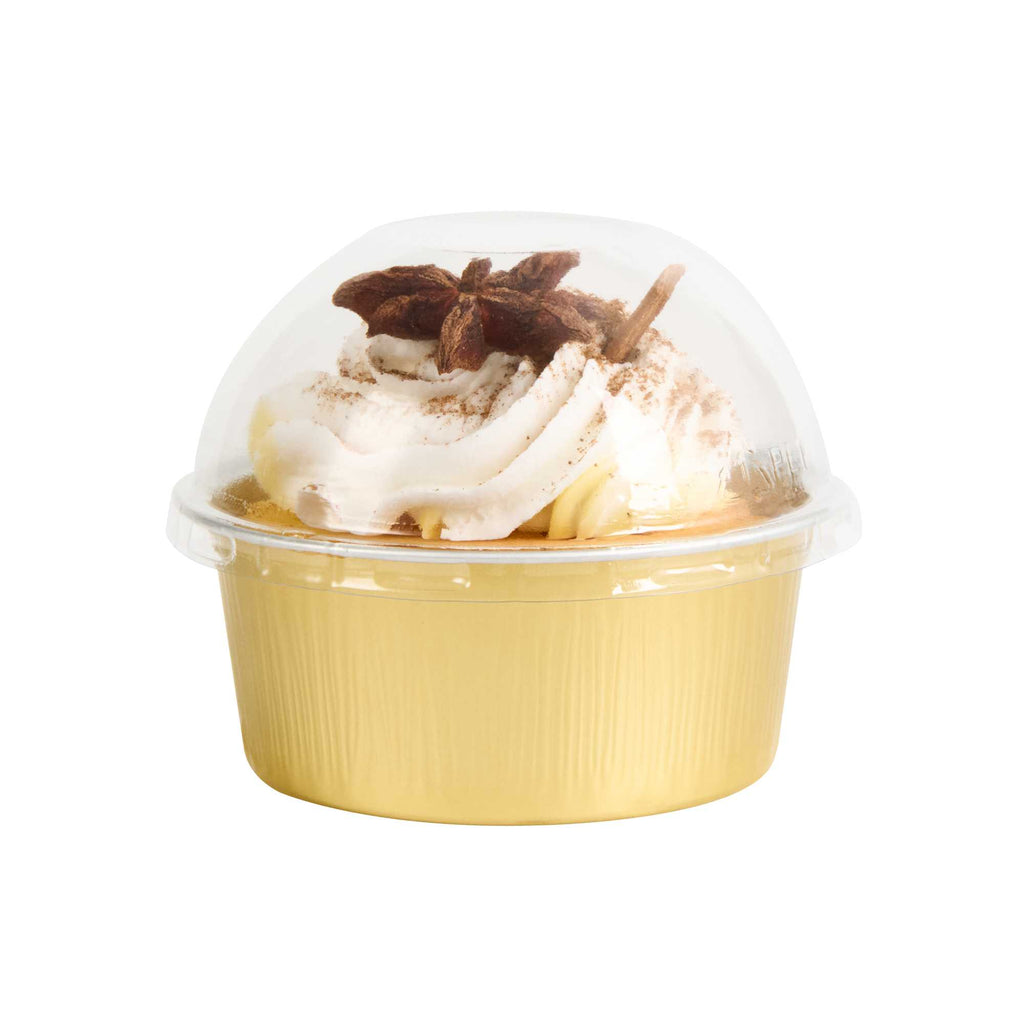 Pastry Tek 4 oz Round Gold Aluminum Baking Cup - with Plastic Dome Lid - 3 1/4" x 3 1/4" x 1 1/2" - 100 count box