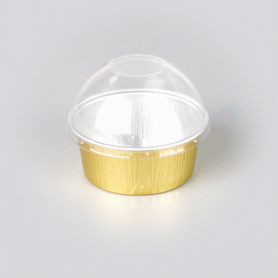 Pastry Tek 4 oz Round Gold Aluminum Baking Cup - with Plastic Dome Lid - 3 1/4" x 3 1/4" x 1 1/2" - 100 count box