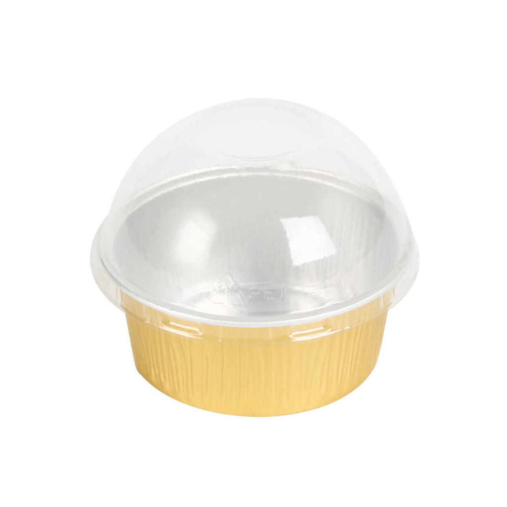 Pastry Tek 4 oz Round Gold Aluminum Baking Cup - with Plastic Dome Lid - 3 1/4" x 3 1/4" x 1 1/2" - 100 count box