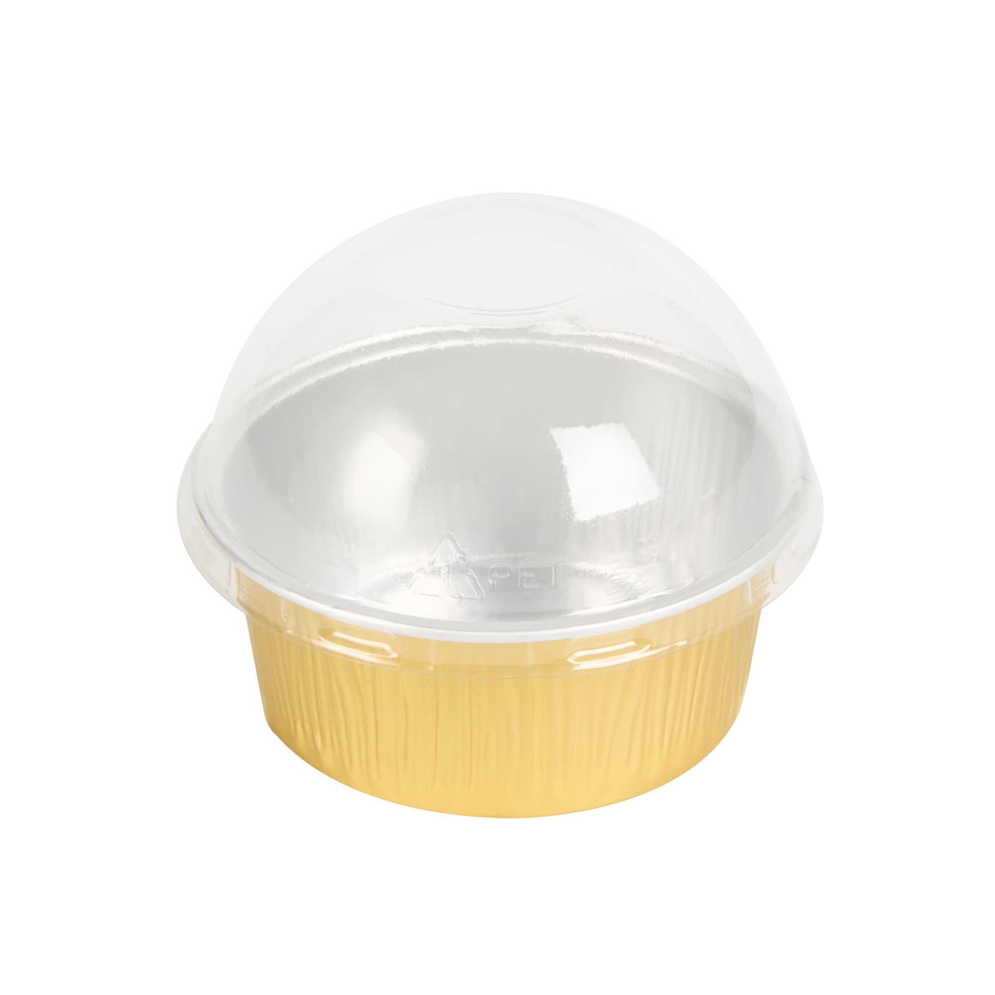 Pastry Tek 4 oz Round Gold Aluminum Baking Cup - with Plastic Dome Lid - 3 1/4" x 3 1/4" x 1 1/2" - 100 count box