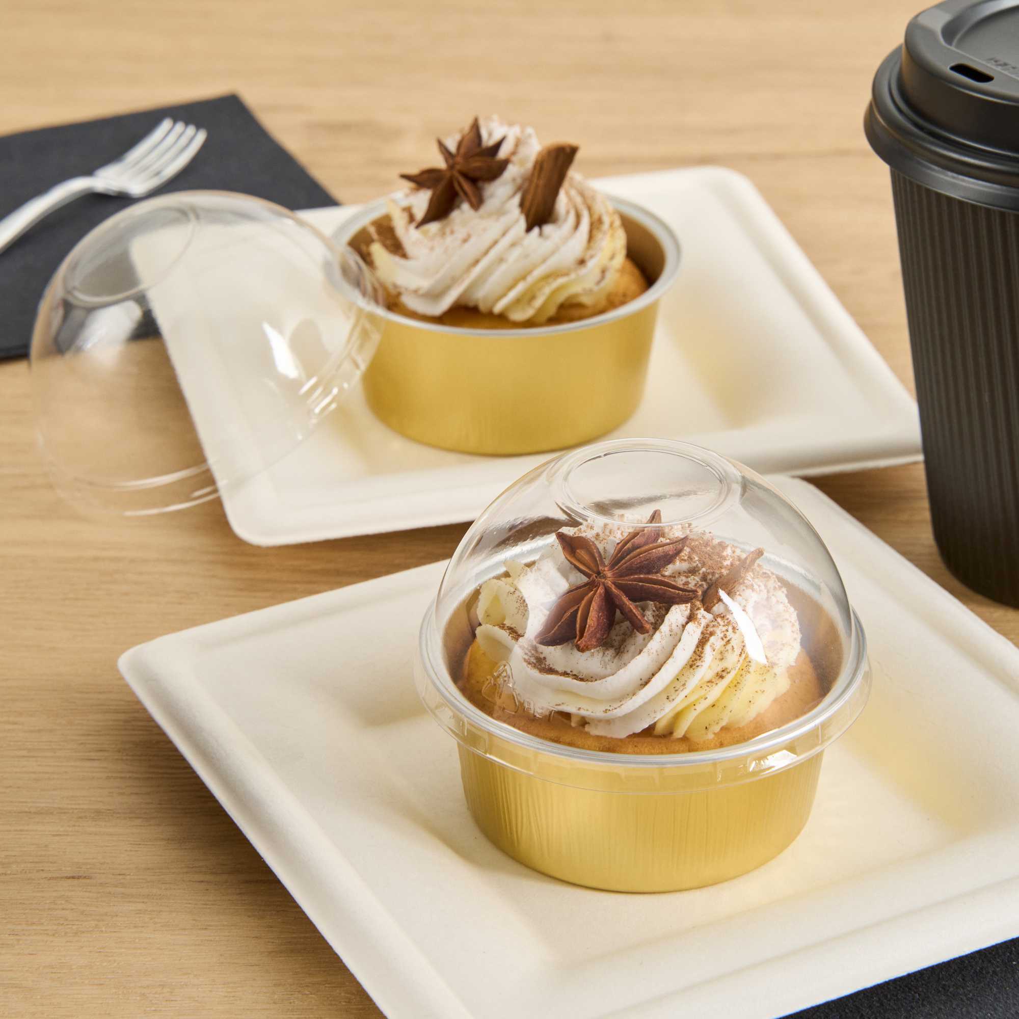 Pastry Tek 4 oz Round Gold Aluminum Baking Cup - with Plastic Dome Lid - 3 1/4" x 3 1/4" x 1 1/2" - 100 count box