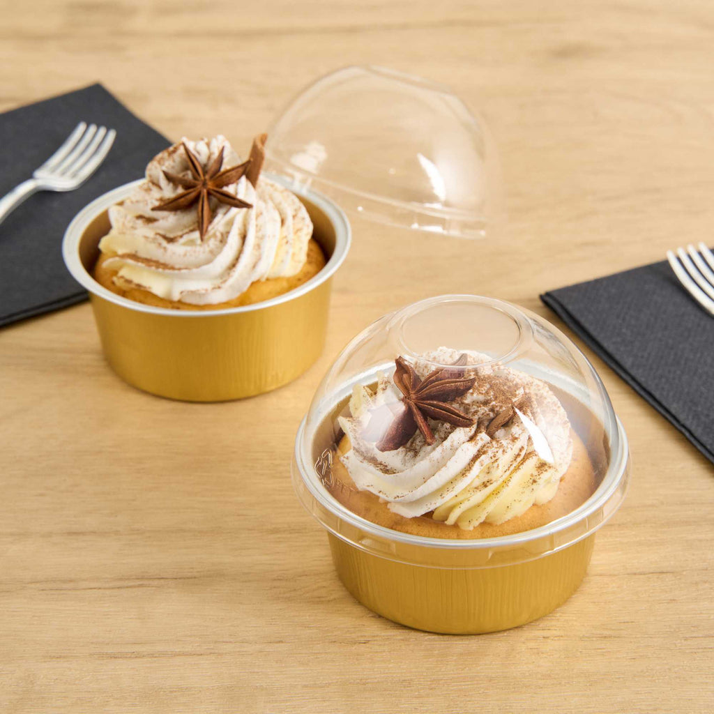 Pastry Tek 4 oz Round Gold Aluminum Baking Cup - with Plastic Dome Lid - 3 1/4" x 3 1/4" x 1 1/2" - 100 count box