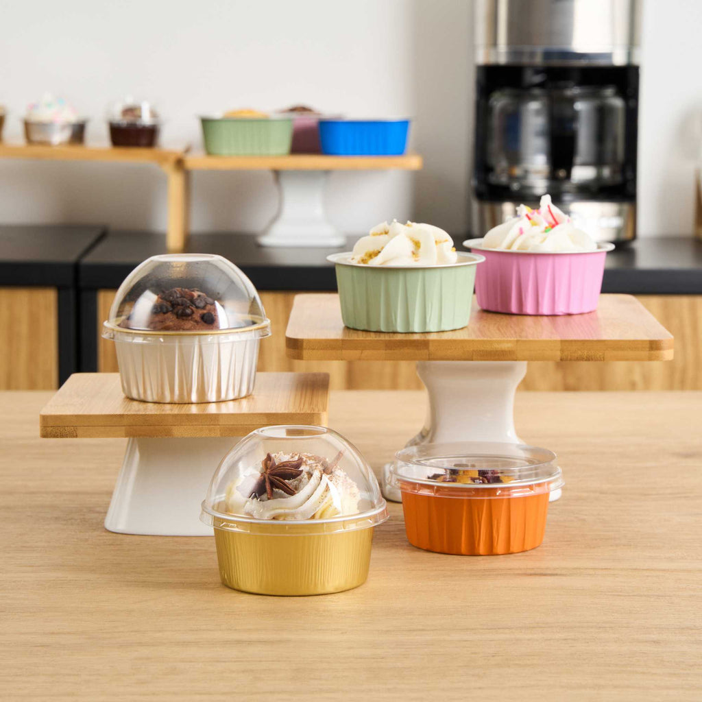 Pastry Tek 4 oz Round Gold Aluminum Baking Cup - with Plastic Dome Lid - 3 1/4" x 3 1/4" x 1 1/2" - 100 count box