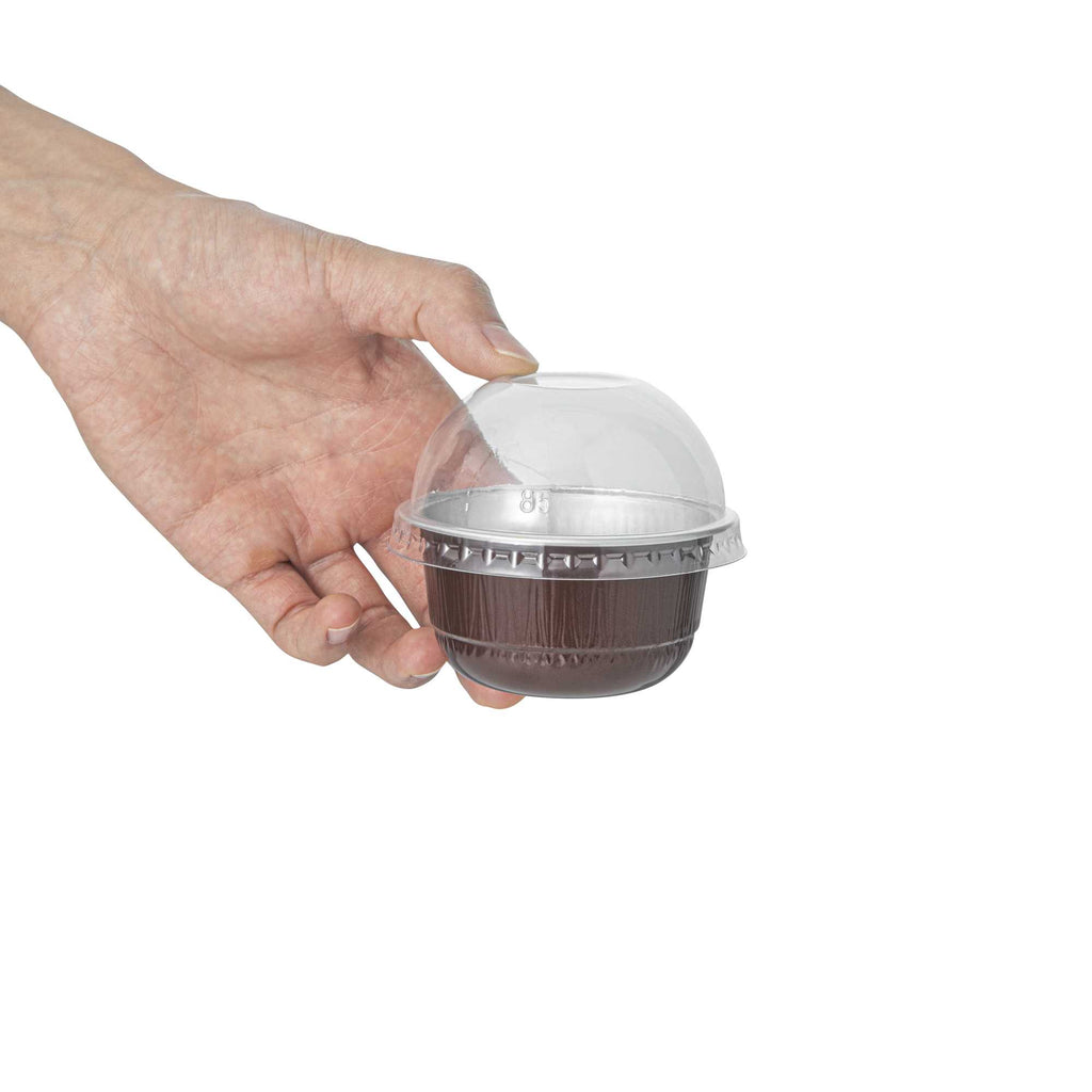 Pastry Tek 5 oz Round Coffee Aluminum Baking Cup - with Plastic Dome Lid - 3 1/4" x 3 1/4" x 1 3/4" - 100 count box