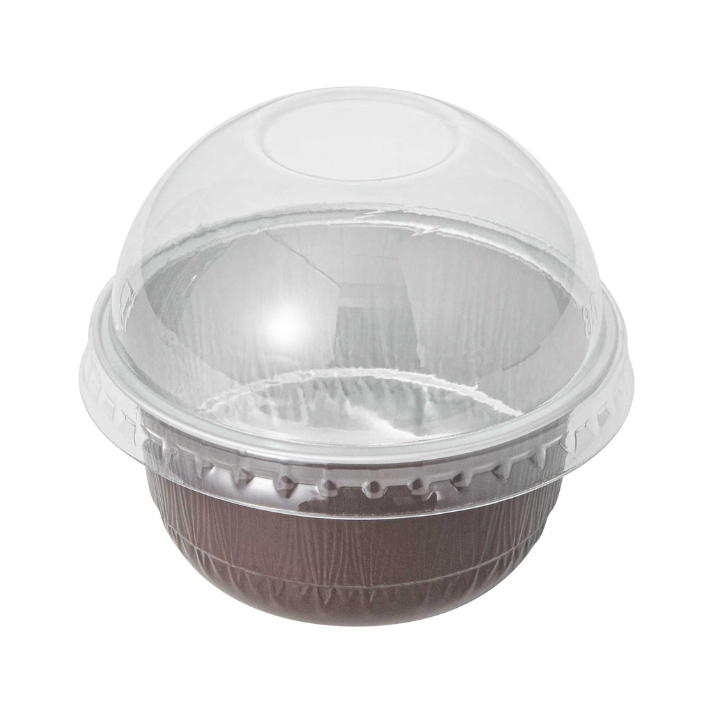 Pastry Tek 5 oz Round Coffee Aluminum Baking Cup - with Plastic Dome Lid - 3 1/4" x 3 1/4" x 1 3/4" - 100 count box