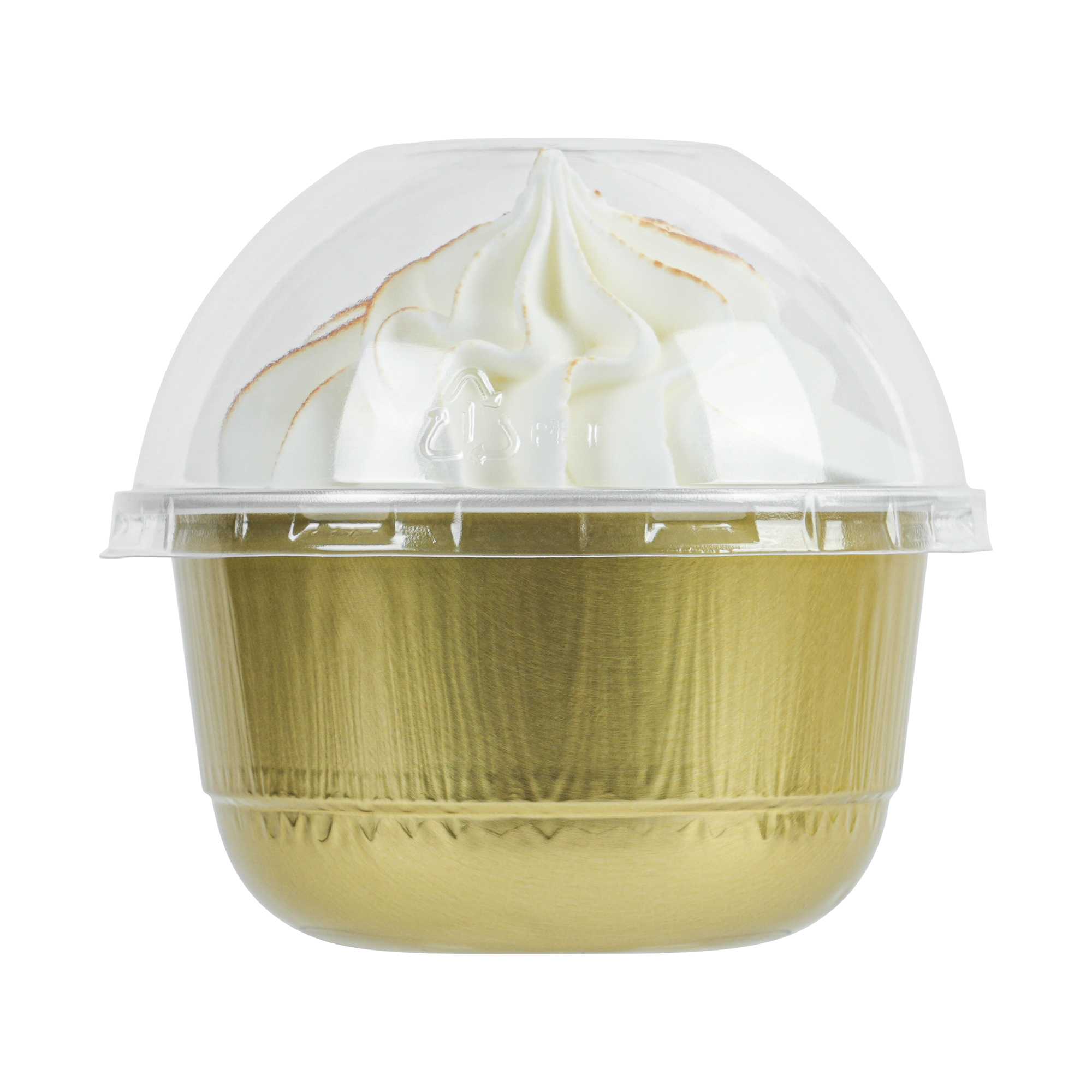 Pastry Tek 5 oz Round Gold Aluminum Baking Cup - with Plastic Dome Lid - 3 1/4" x 3 1/4" x 1 3/4" - 100 count box