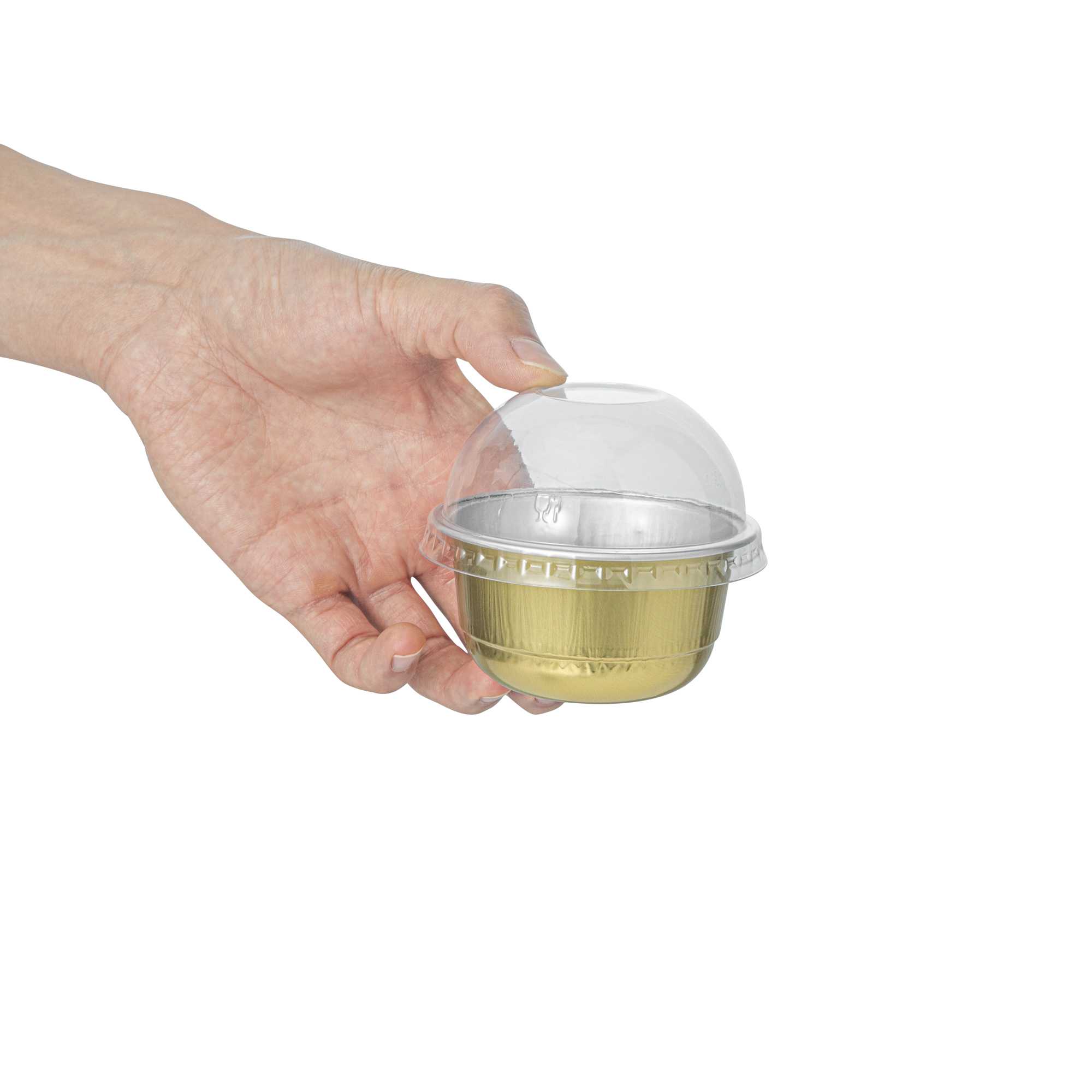 Pastry Tek 5 oz Round Gold Aluminum Baking Cup - with Plastic Dome Lid - 3 1/4" x 3 1/4" x 1 3/4" - 100 count box