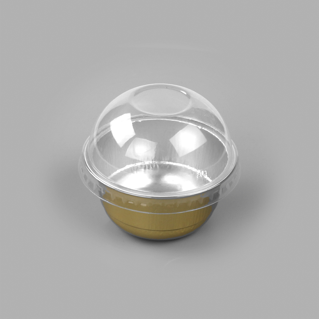 Pastry Tek 5 oz Round Gold Aluminum Baking Cup - with Plastic Dome Lid - 3 1/4" x 3 1/4" x 1 3/4" - 100 count box