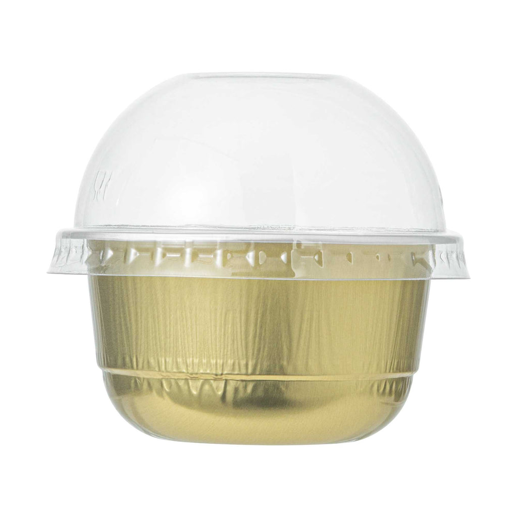 Pastry Tek 5 oz Round Gold Aluminum Baking Cup - with Plastic Dome Lid - 3 1/4" x 3 1/4" x 1 3/4" - 100 count box