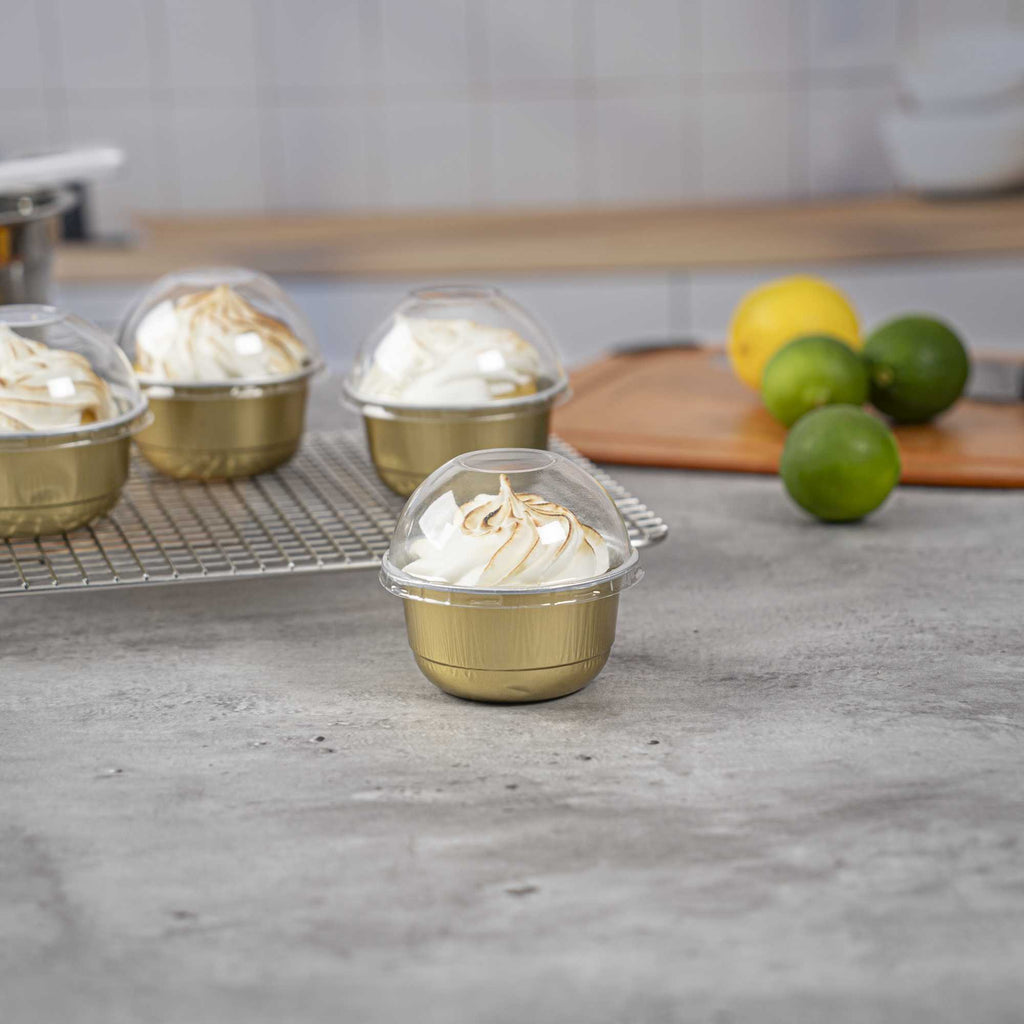 Pastry Tek 5 oz Round Gold Aluminum Baking Cup - with Plastic Dome Lid - 3 1/4" x 3 1/4" x 1 3/4" - 100 count box