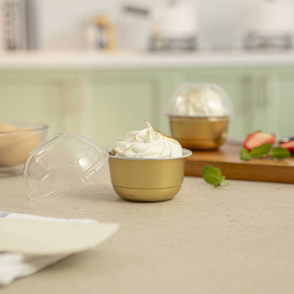 Pastry Tek 5 oz Round Gold Aluminum Baking Cup - with Plastic Dome Lid - 3 1/4" x 3 1/4" x 1 3/4" - 100 count box