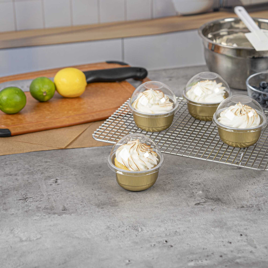 Pastry Tek 5 oz Round Gold Aluminum Baking Cup - with Plastic Dome Lid - 3 1/4" x 3 1/4" x 1 3/4" - 100 count box