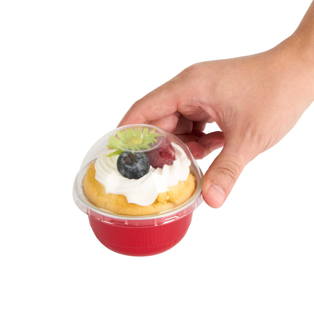 Pastry Tek 5 oz Round Red Aluminum Baking Cup - with Plastic Dome Lid - 3 1/4" x 3 1/4" x 1 3/4" - 100 count box