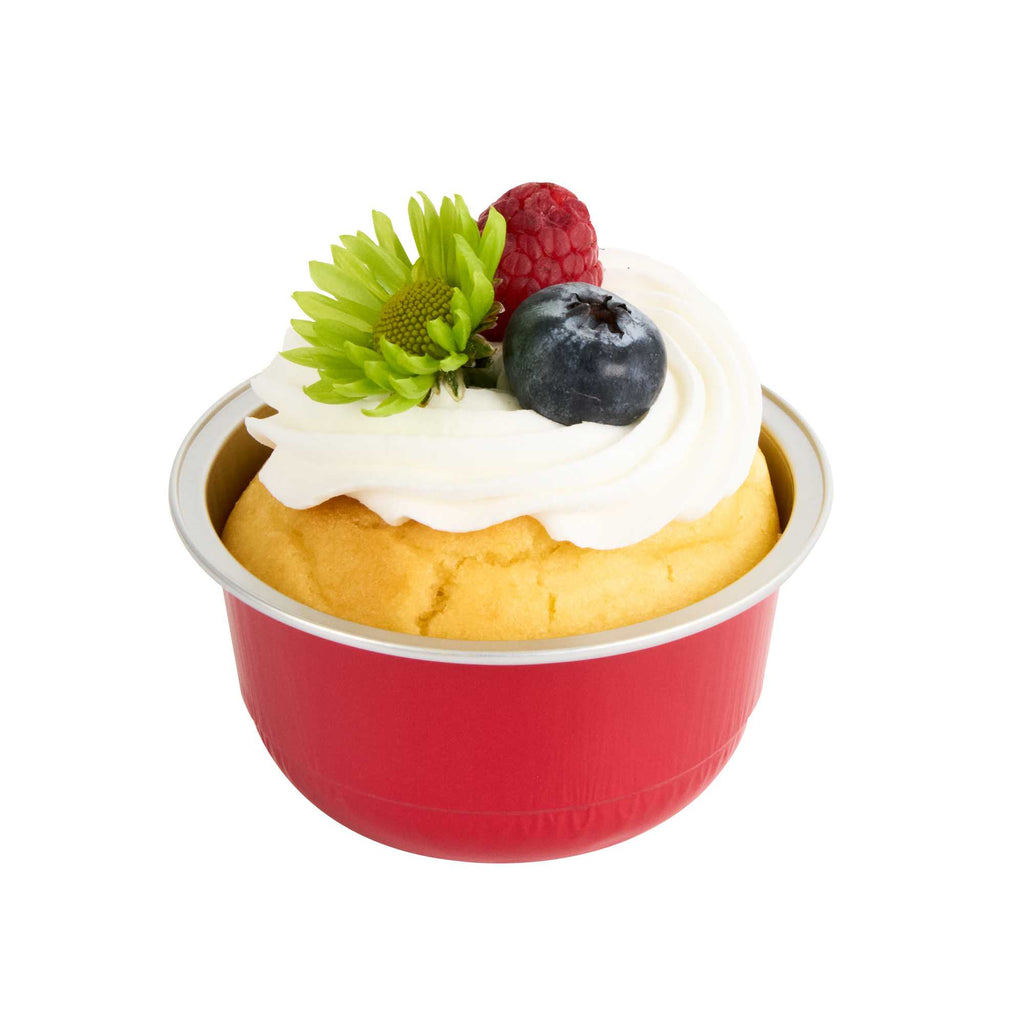 Pastry Tek 5 oz Round Red Aluminum Baking Cup - with Plastic Dome Lid - 3 1/4" x 3 1/4" x 1 3/4" - 100 count box
