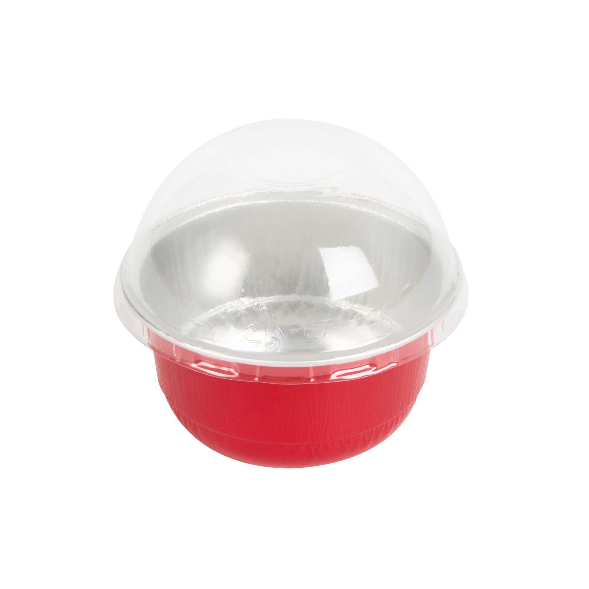 Pastry Tek 5 oz Round Red Aluminum Baking Cup - with Plastic Dome Lid - 3 1/4" x 3 1/4" x 1 3/4" - 100 count box