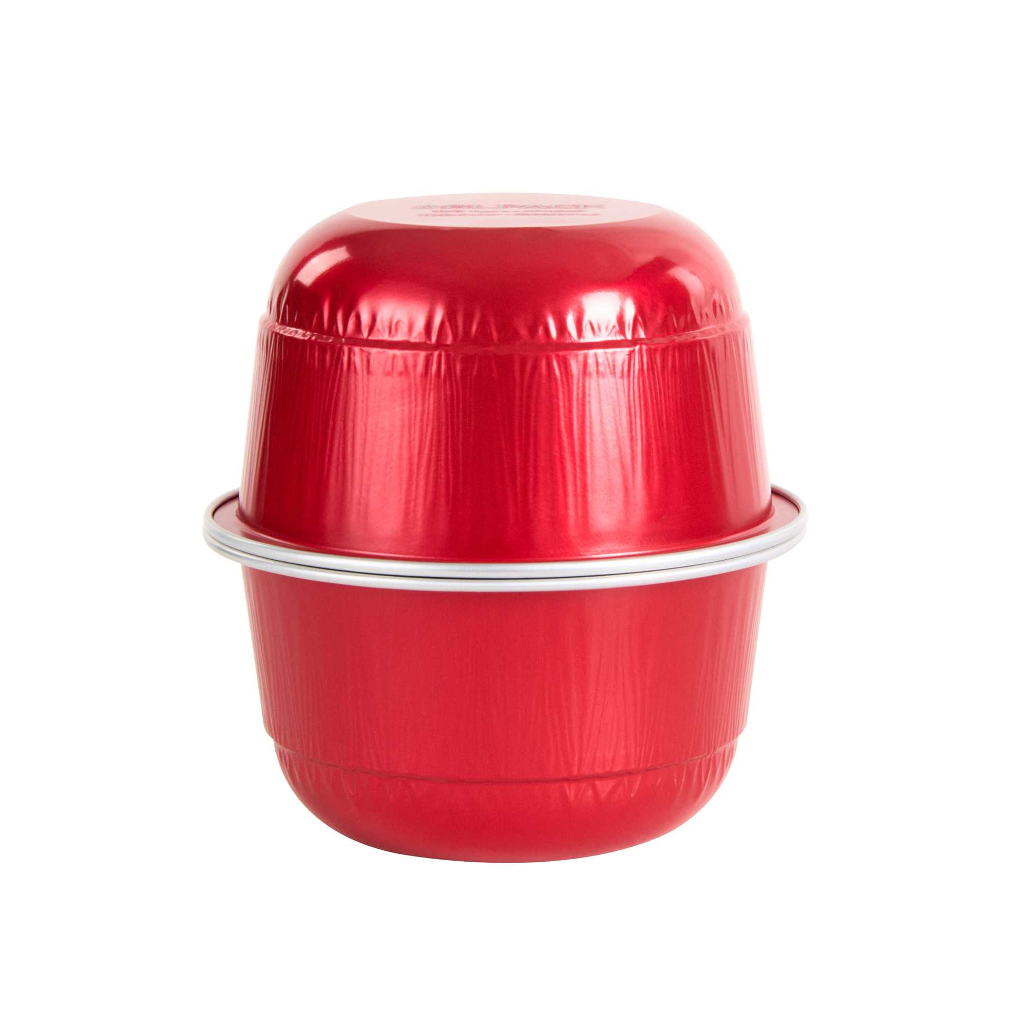 Pastry Tek 5 oz Round Red Aluminum Baking Cup - with Plastic Dome Lid - 3 1/4" x 3 1/4" x 1 3/4" - 100 count box