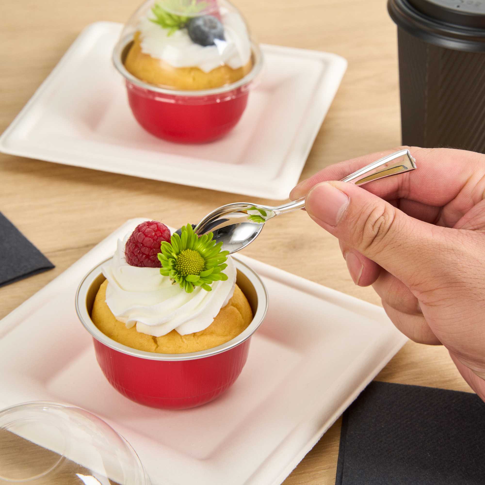 Pastry Tek 5 oz Round Red Aluminum Baking Cup - with Plastic Dome Lid - 3 1/4" x 3 1/4" x 1 3/4" - 100 count box