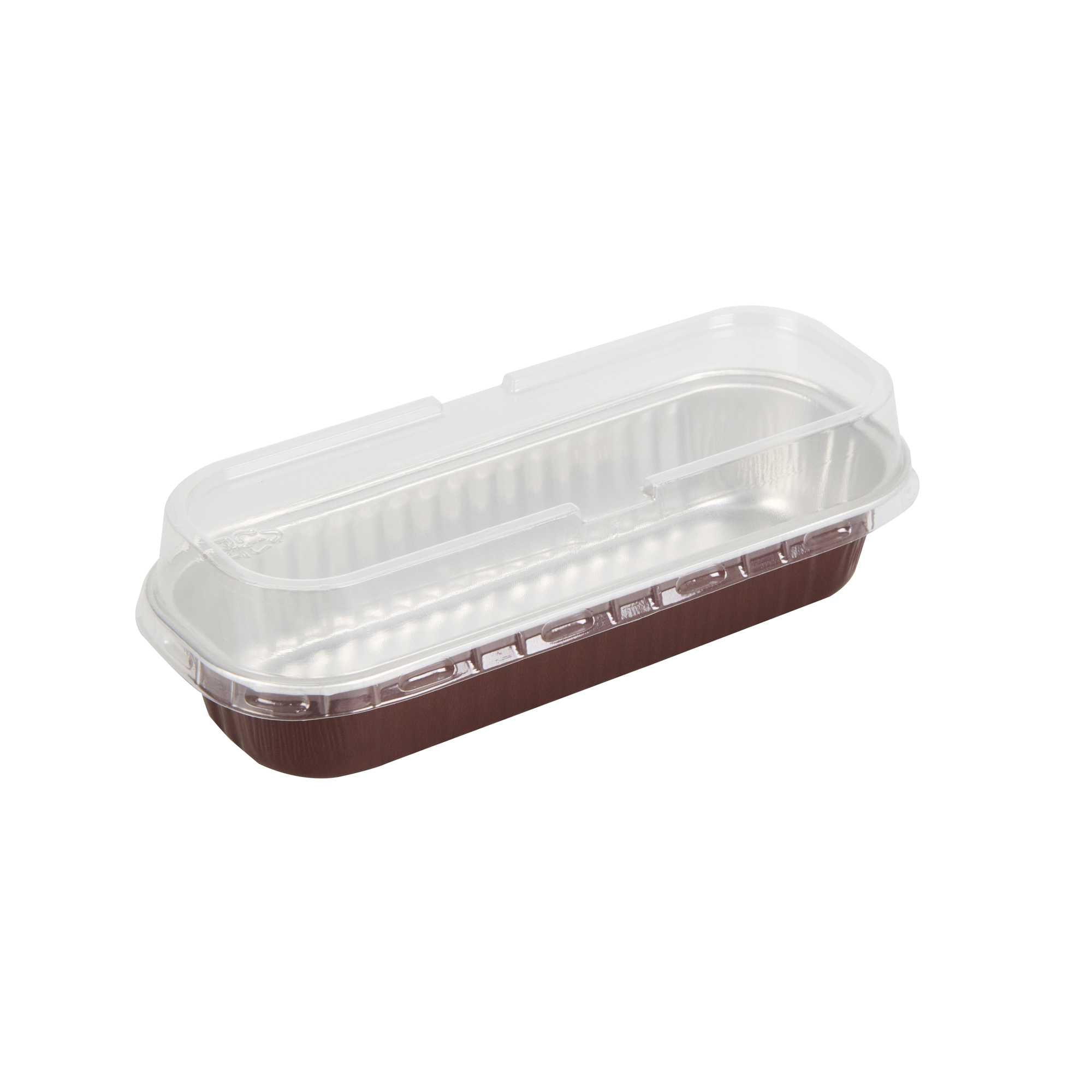 Pastry Tek 7 oz Rectangle Coffee Aluminum Baking Loaf Pan - with Plastic Dome Lid - 6 1/2" x 2 1/2" x 1 1/4" - 100 count box