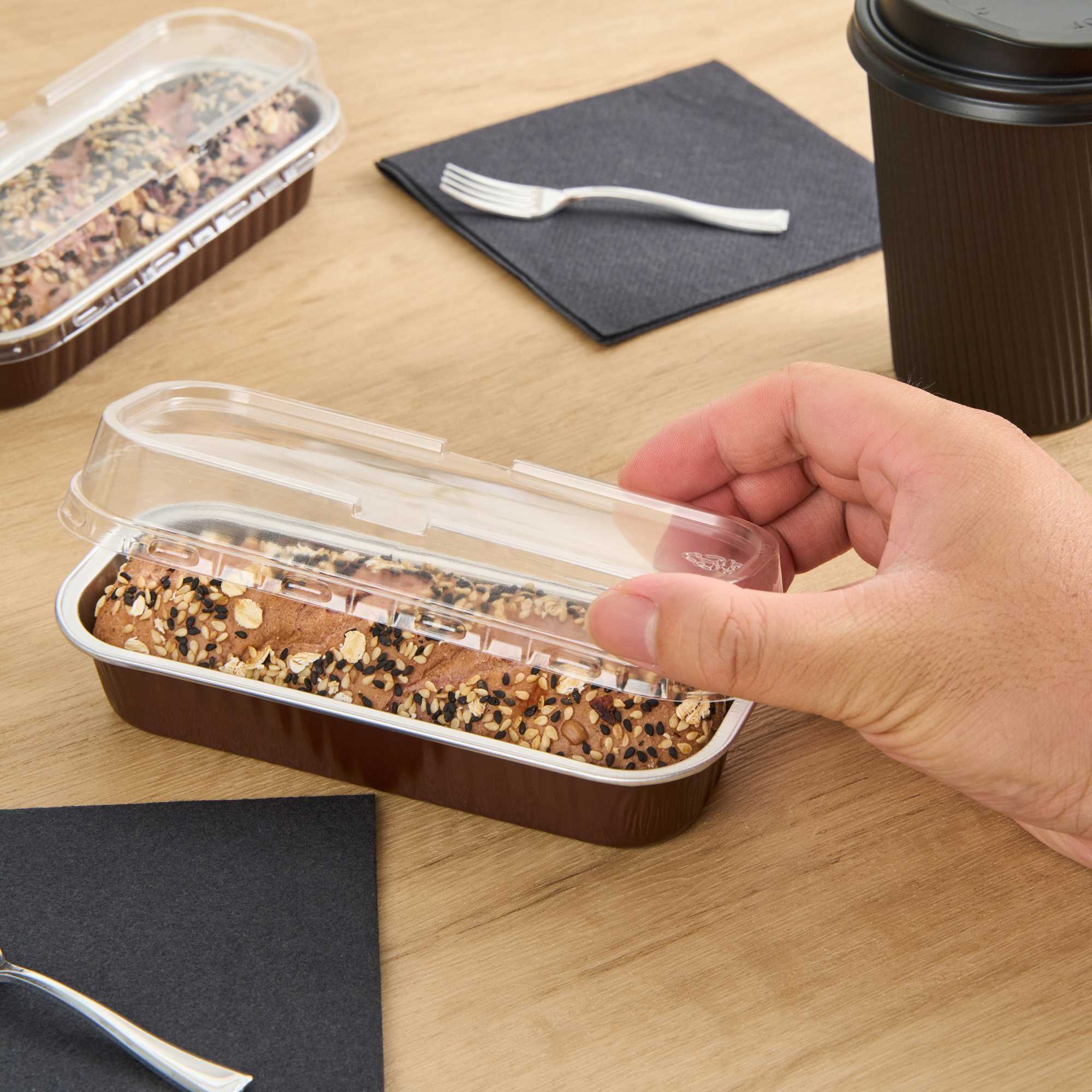 Pastry Tek 7 oz Rectangle Coffee Aluminum Baking Loaf Pan - with Plastic Dome Lid - 6 1/2" x 2 1/2" x 1 1/4" - 100 count box