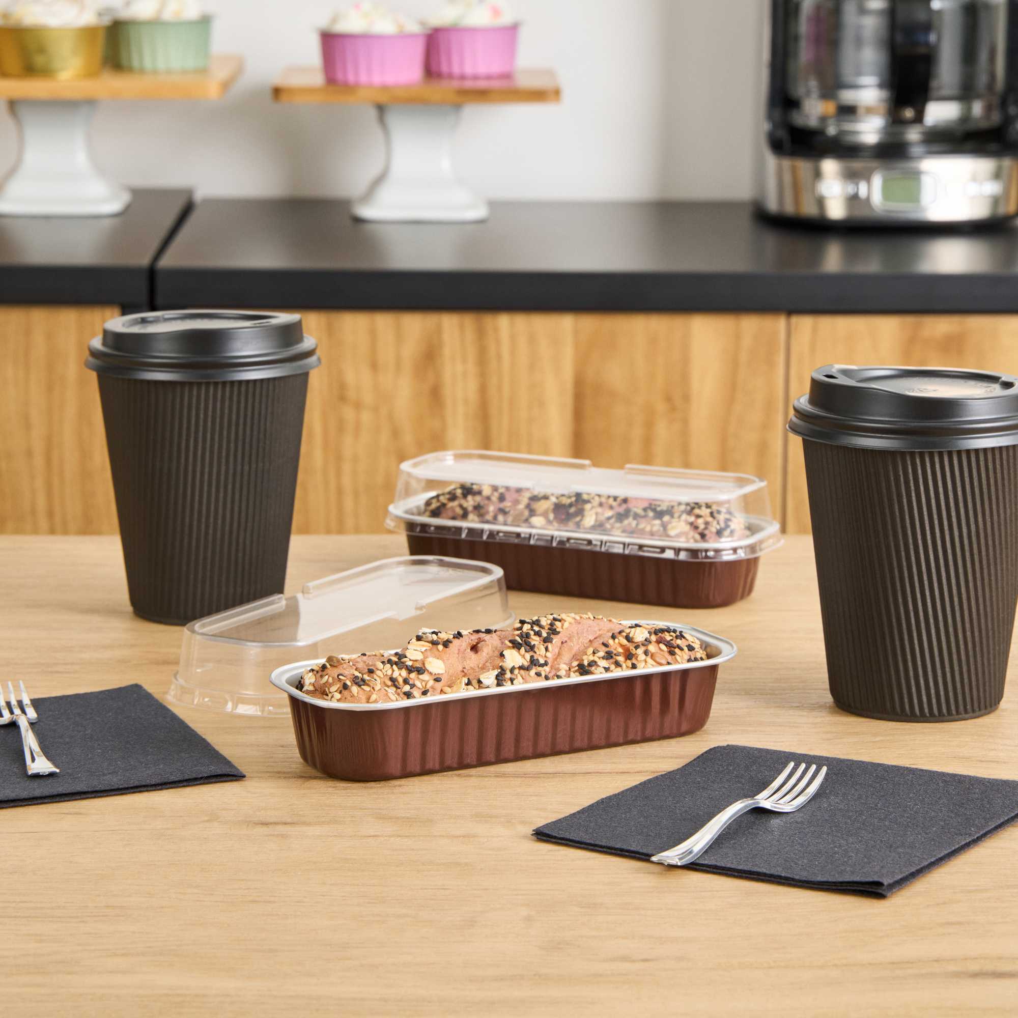 Pastry Tek 7 oz Rectangle Coffee Aluminum Baking Loaf Pan - with Plastic Dome Lid - 6 1/2" x 2 1/2" x 1 1/4" - 100 count box