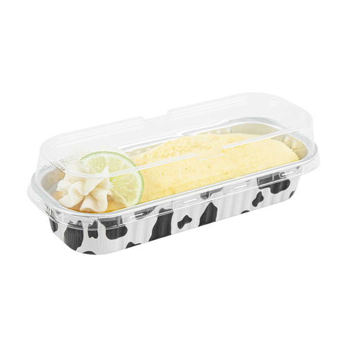 7 oz Rectangle Cow Lines Aluminum Baking Loaf Pan - with Plastic Dome Lid - 6 1/2" x 2 1/2" x 1 1/4" - 100 count box