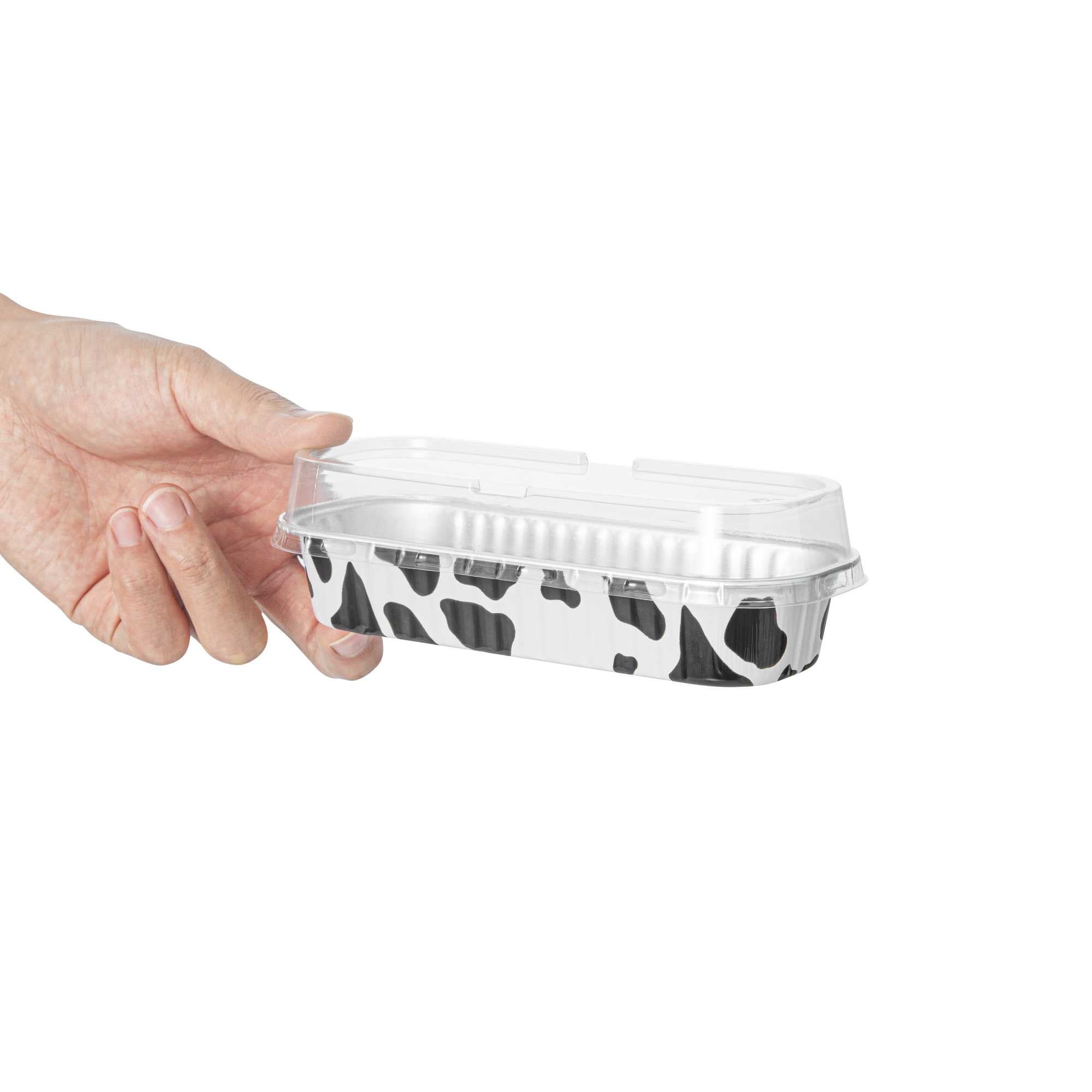 7 oz Rectangle Cow Lines Aluminum Baking Loaf Pan - with Plastic Dome Lid - 6 1/2" x 2 1/2" x 1 1/4" - 100 count box