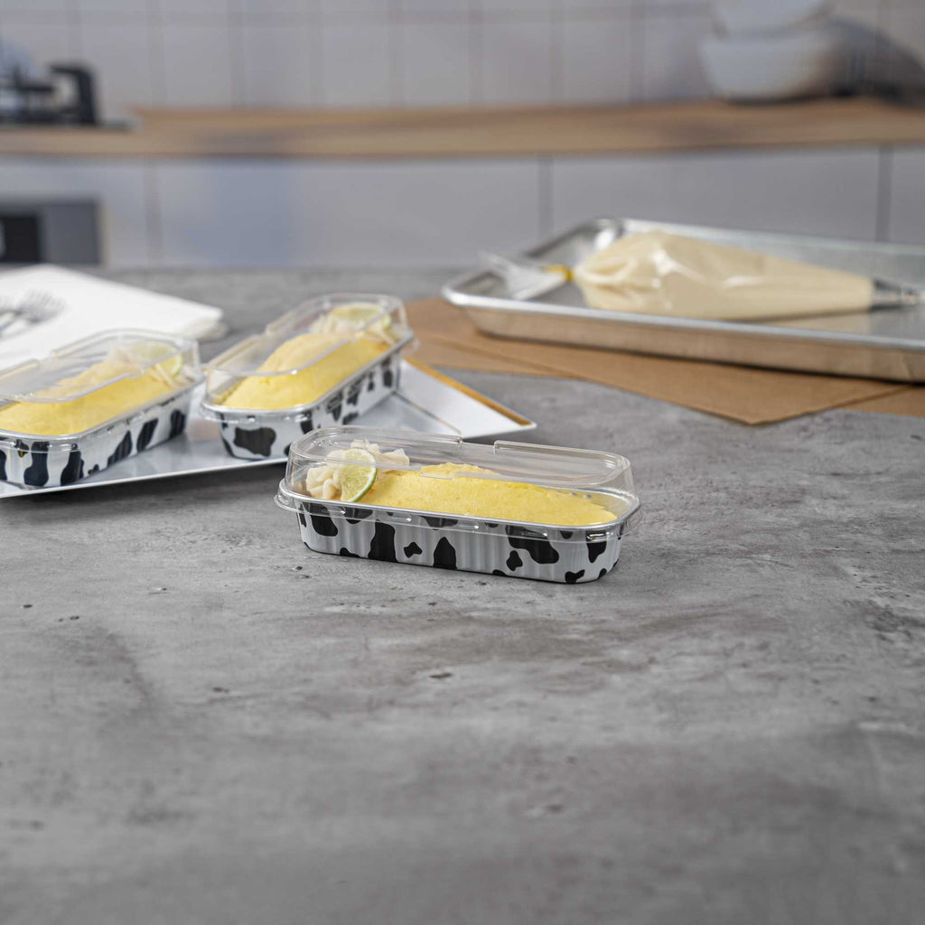 7 oz Rectangle Cow Lines Aluminum Baking Loaf Pan - with Plastic Dome Lid - 6 1/2" x 2 1/2" x 1 1/4" - 100 count box