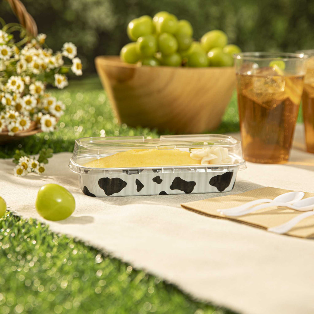 7 oz Rectangle Cow Lines Aluminum Baking Loaf Pan - with Plastic Dome Lid - 6 1/2" x 2 1/2" x 1 1/4" - 100 count box