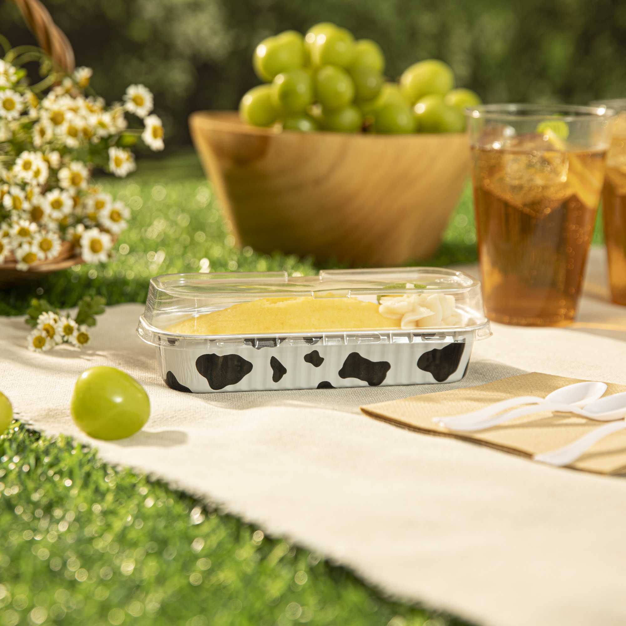 7 oz Rectangle Cow Lines Aluminum Baking Loaf Pan - with Plastic Dome Lid - 6 1/2" x 2 1/2" x 1 1/4" - 100 count box