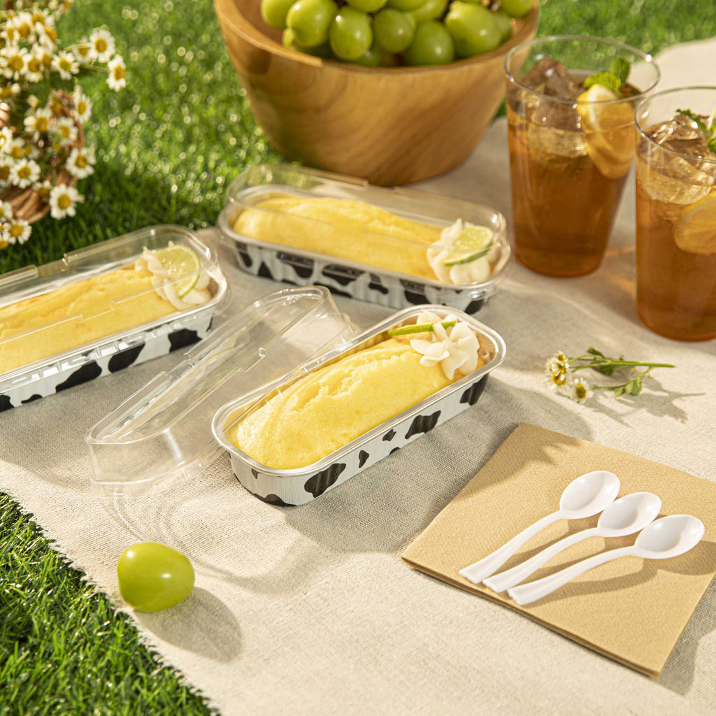 7 oz Rectangle Cow Lines Aluminum Baking Loaf Pan - with Plastic Dome Lid - 6 1/2" x 2 1/2" x 1 1/4" - 100 count box
