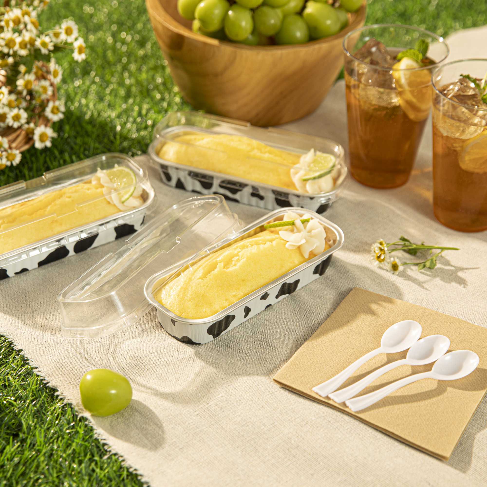 7 oz Rectangle Cow Lines Aluminum Baking Loaf Pan - with Plastic Dome Lid - 6 1/2" x 2 1/2" x 1 1/4" - 100 count box