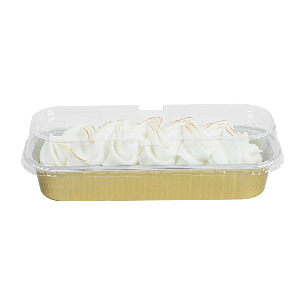 7 oz Rectangle Gold Aluminum Baking Loaf Pan - with Plastic Dome Lid - 6 1/2" x 2 1/2" x 1 1/4" - 100 count box