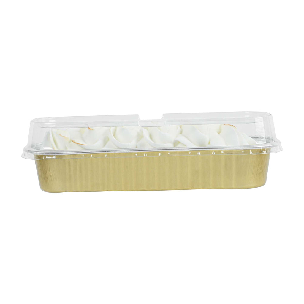 7 oz Rectangle Gold Aluminum Baking Loaf Pan - with Plastic Dome Lid - 6 1/2" x 2 1/2" x 1 1/4" - 100 count box