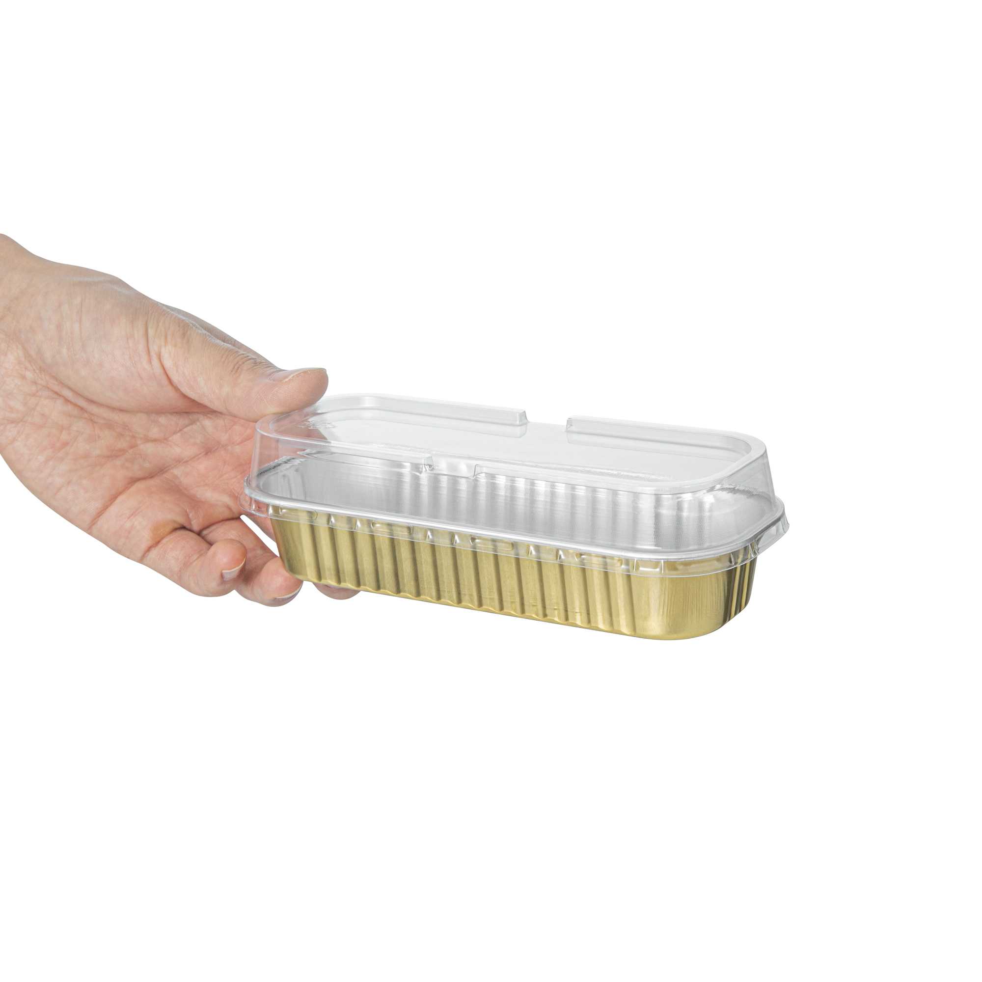 7 oz Rectangle Gold Aluminum Baking Loaf Pan - with Plastic Dome Lid - 6 1/2" x 2 1/2" x 1 1/4" - 100 count box