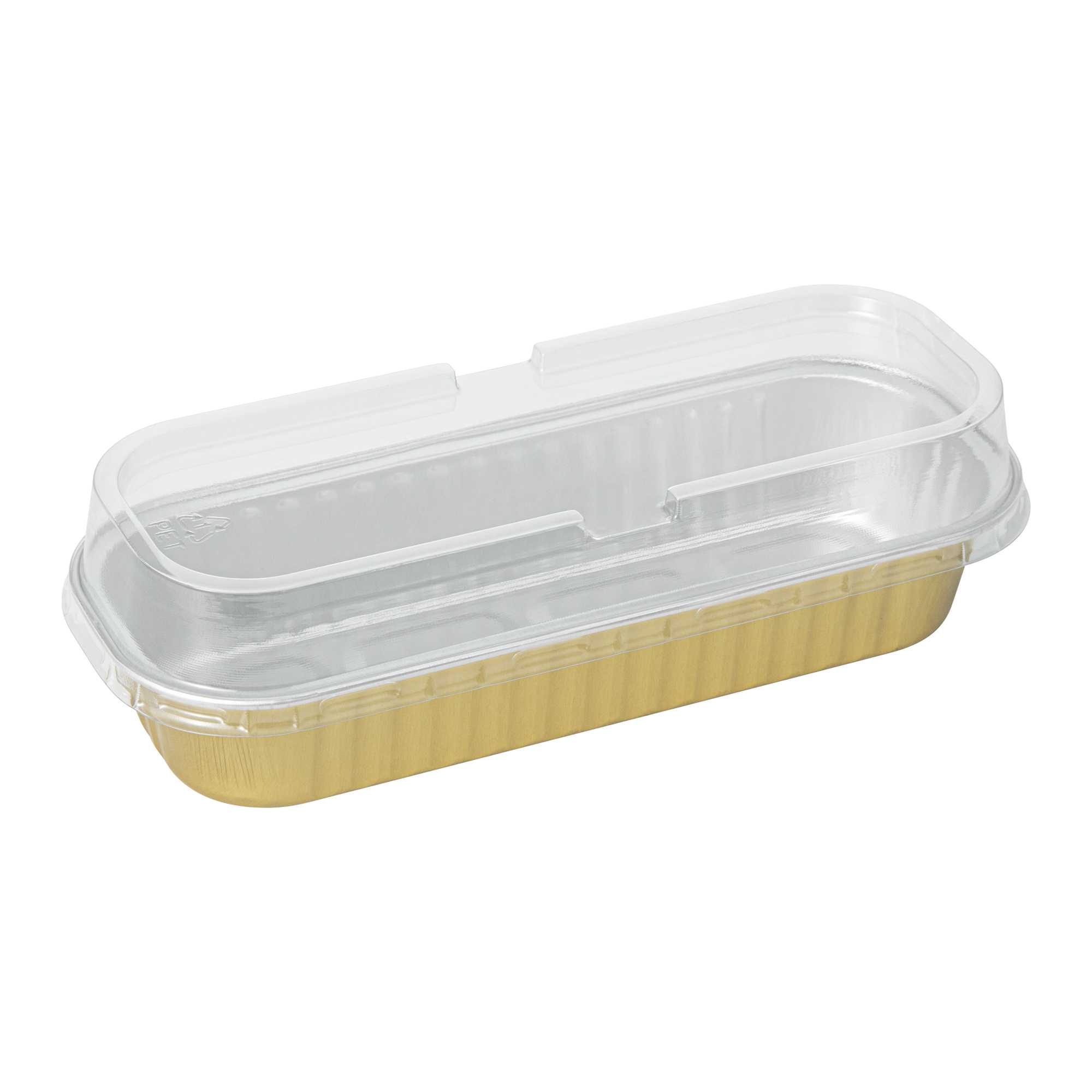 7 oz Rectangle Gold Aluminum Baking Loaf Pan - with Plastic Dome Lid - 6 1/2" x 2 1/2" x 1 1/4" - 100 count box