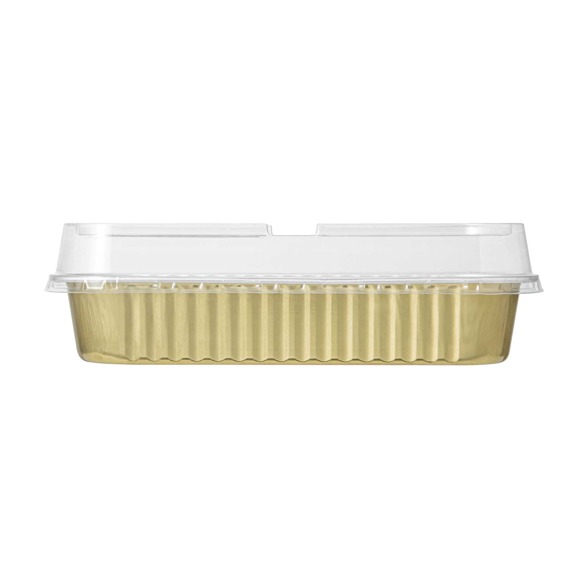 7 oz Rectangle Gold Aluminum Baking Loaf Pan - with Plastic Dome Lid - 6 1/2" x 2 1/2" x 1 1/4" - 100 count box