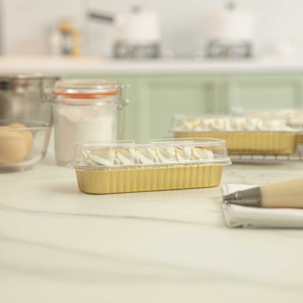 7 oz Rectangle Gold Aluminum Baking Loaf Pan - with Plastic Dome Lid - 6 1/2" x 2 1/2" x 1 1/4" - 100 count box